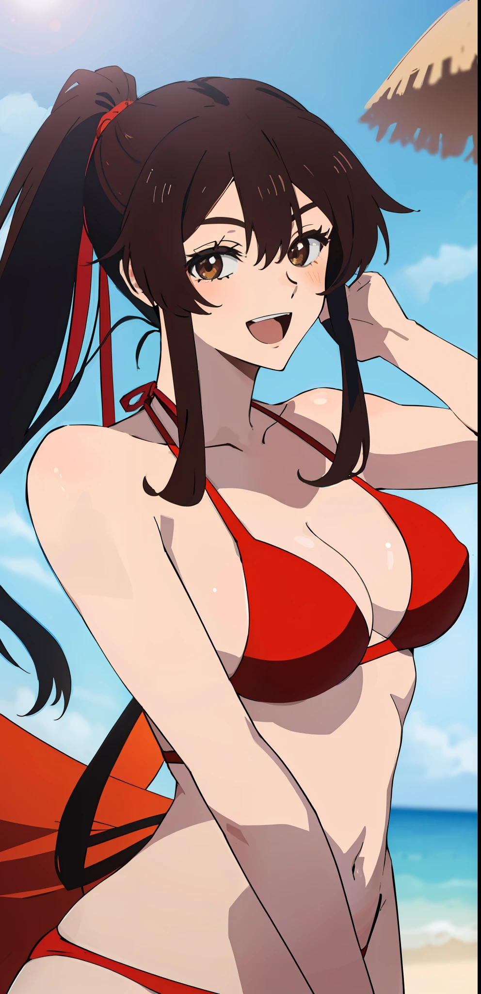(masterpiece), ((best quality)), nsfw, asaemon_sagiri, 1girl, solo, long_hair, looking_at_viewer, brown_hair, black_hair, brown_eyes, smiling, :d, upper_body, loose hair, breasts, red bikini, tight bikini, navel, midriff, (sunglasses), beach, sun, sky, sand