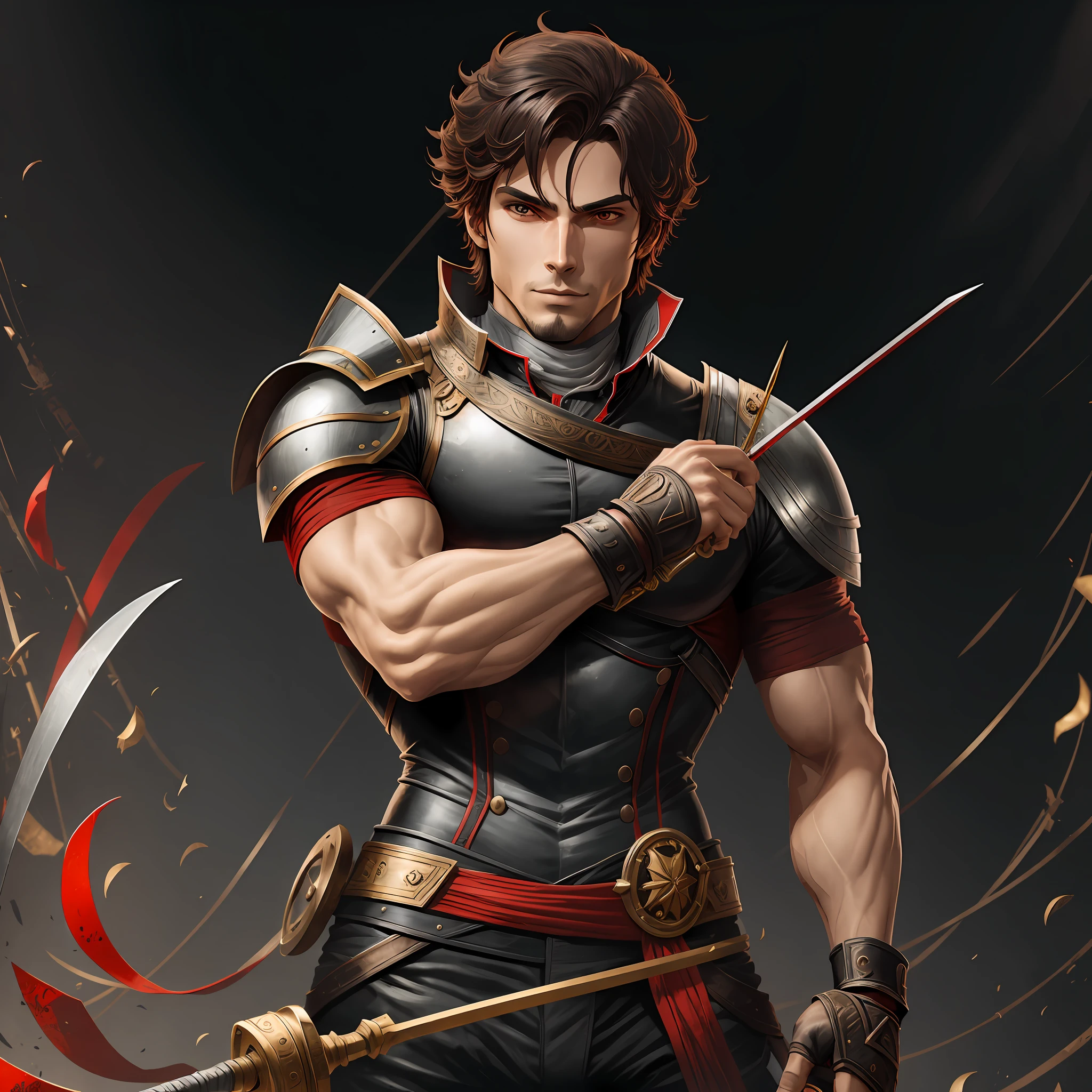 Corinthian musketeer, male, metal parts, black and red clothing, muscular, holding a fencing sword