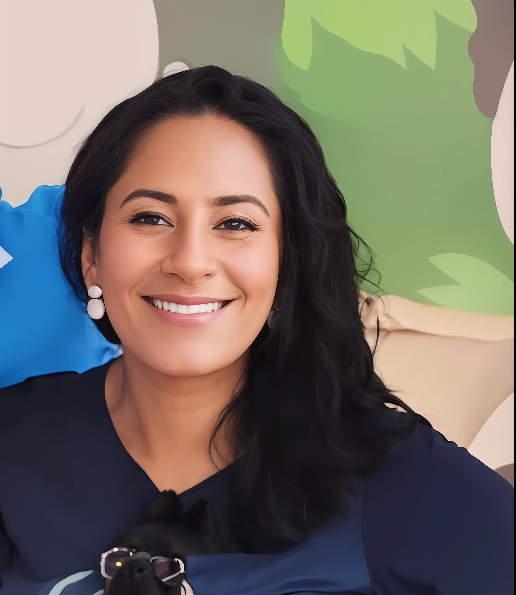 smiling woman in blue shirt with a dog on her shoulder, alanis guillen, lorena avarez, avatar image, fernanda suarez, karla ortiz, taken in the early 2020s, profile image, malika favre, magda torres gurza, marischa becker, julia fuentes, by Amelia Peláez