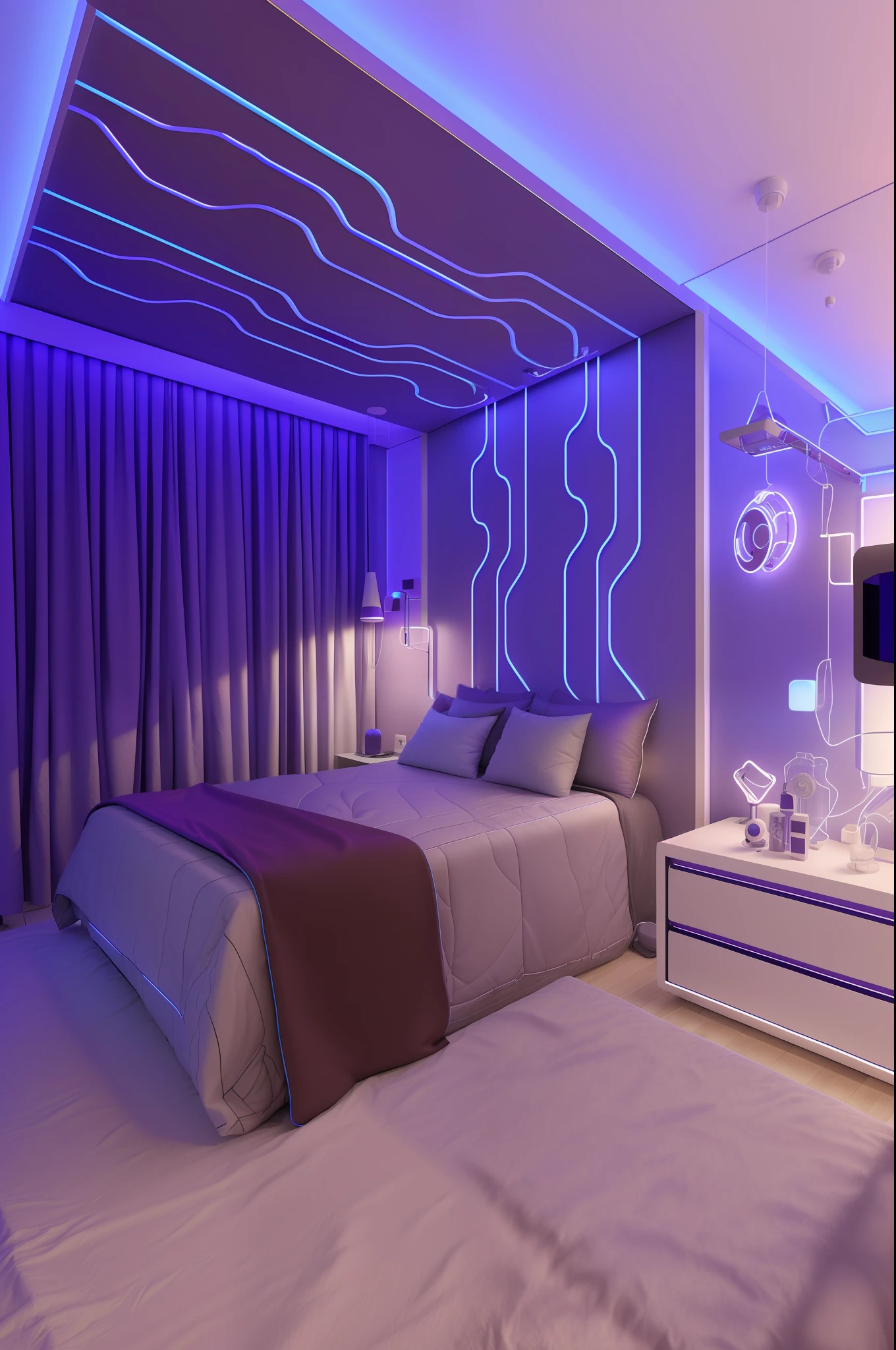 arafed bedroom with a bed and a tv mounted to the wall, futuristic decoration, dramatic neon lighting, neon ambient lighting, neon accent lights, blue light accents, purple accent lighting, futuristic decor, with neon lighting, blue and purle lighting, soft neon purple lighting, futuristic room, in a cyberpunk themed room, cool purple lighting, cool purple grey lighting