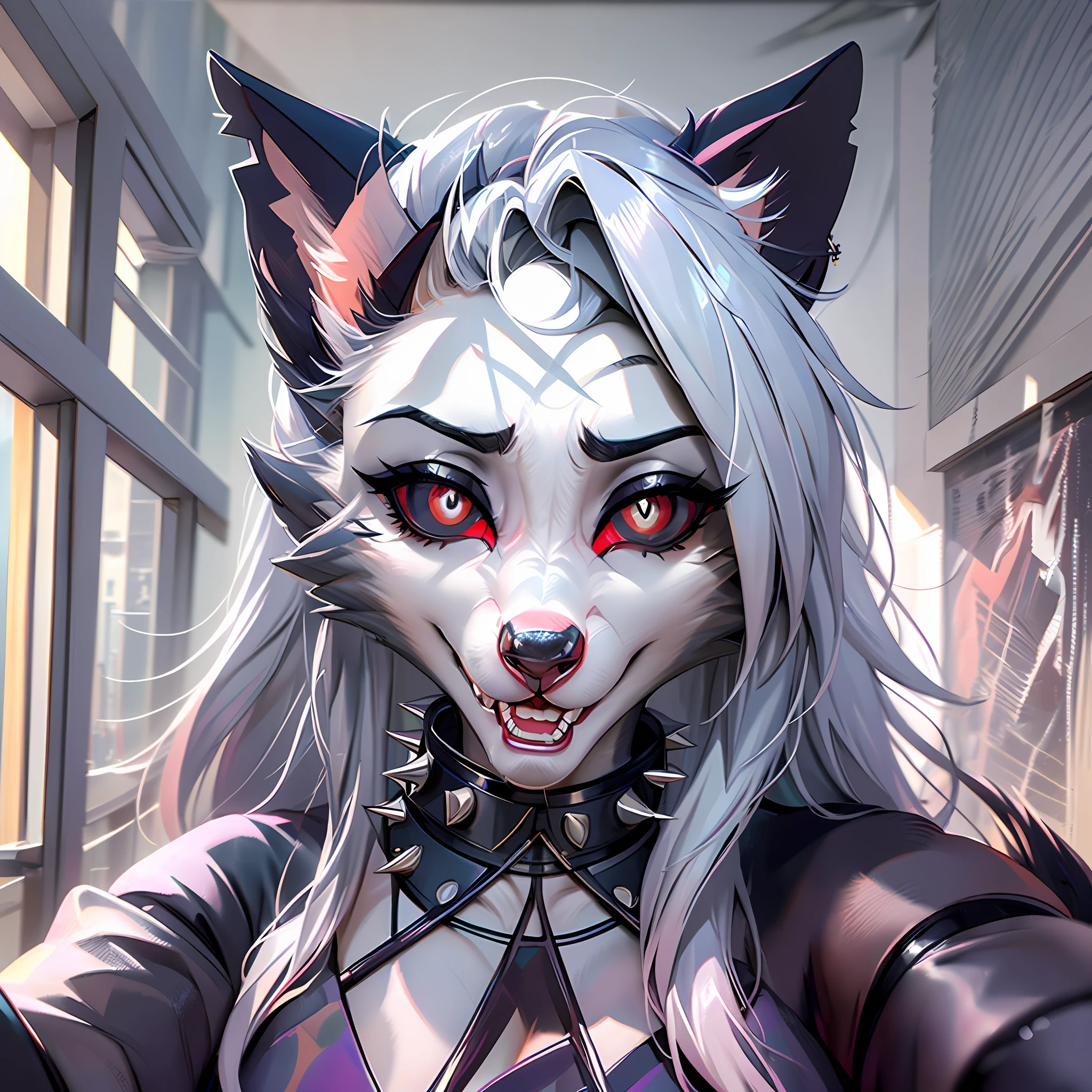 masterpiece, best quality, face portrait of a female anthro loona hellhound, loonacroptop, detailed face, (detailed eyes, slit pupils, white pupils:1.2), (red sclera), smile, [spiked collar, pentagram], (looking at viewer), selfie