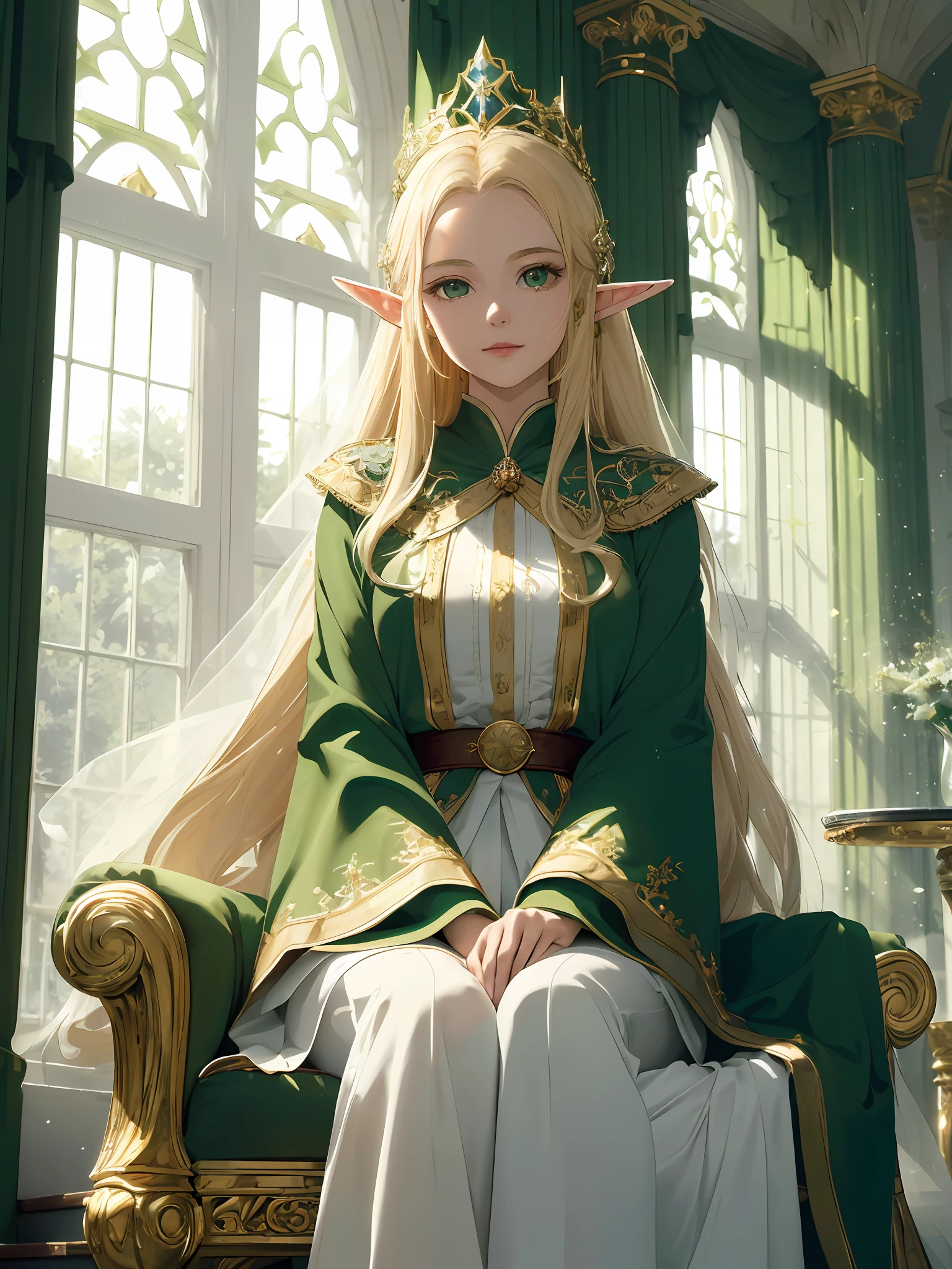 (((Masterpiece, highest quality, high definition, high detail)))), ((((Fantasy)))), One, (Elf Queen)))), (White short skirt with gold embroidery), (Blonde long straight hair), (Glossy dark green eyes), (Gold embroidered green surcoat), Big, ((Queen's Audience Room)), (Luxurious throne on the stairs of a large space)), ((Elf Queen sitting on a throne)) , ((Richly decorated green cloak)), ((High ceiling)), ((Large window behind)), ((Pale sunlight shining through the window)), tilting the head, Shy up, (breeze), Particles of light flying