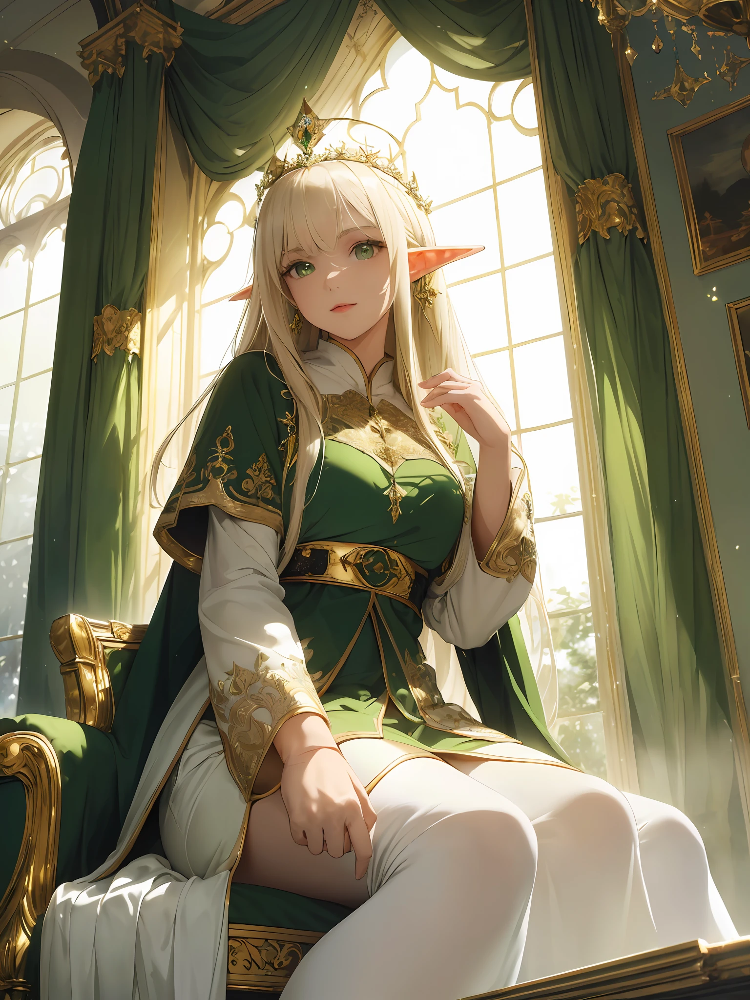 (((Masterpiece, highest quality, high definition, high detail)))), ((((Fantasy)))), One, (Elf Queen)))), (White short skirt with gold embroidery), (Blonde long straight hair), (Glossy dark green eyes), (Gold embroidered green surcoat), Big, ((Queen's Audience Room)), (Luxurious throne on the stairs of a large space)), ((Elf Queen sitting on a throne)) , ((Richly decorated green cloak)), ((High ceiling)), ((Large window behind)), ((Pale sunlight shining through the window)), tilting the head, Shy up, (breeze), Particles of light flying
