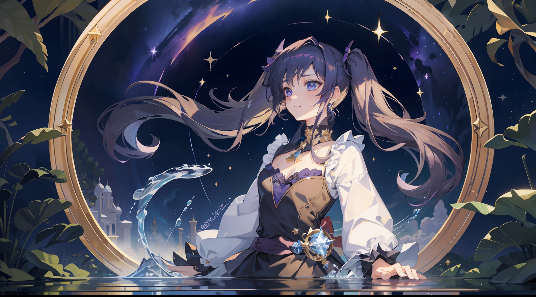 girl, solo, Mona \(Genshin Impact\), choker, hair between eyes, star \(symbol\), long hair, dark purple hair, twintails, blue eyes, shining eyes, jewelry, witch, maid, bangs, purple black dress, purple skirt, white apron, landscape, night sky, star \(sky\), starry sky, night, outdoor, clouds, reflection, water, magic, tarot, water magic, ((beautiful golden crystal star)), space, water drops, splash