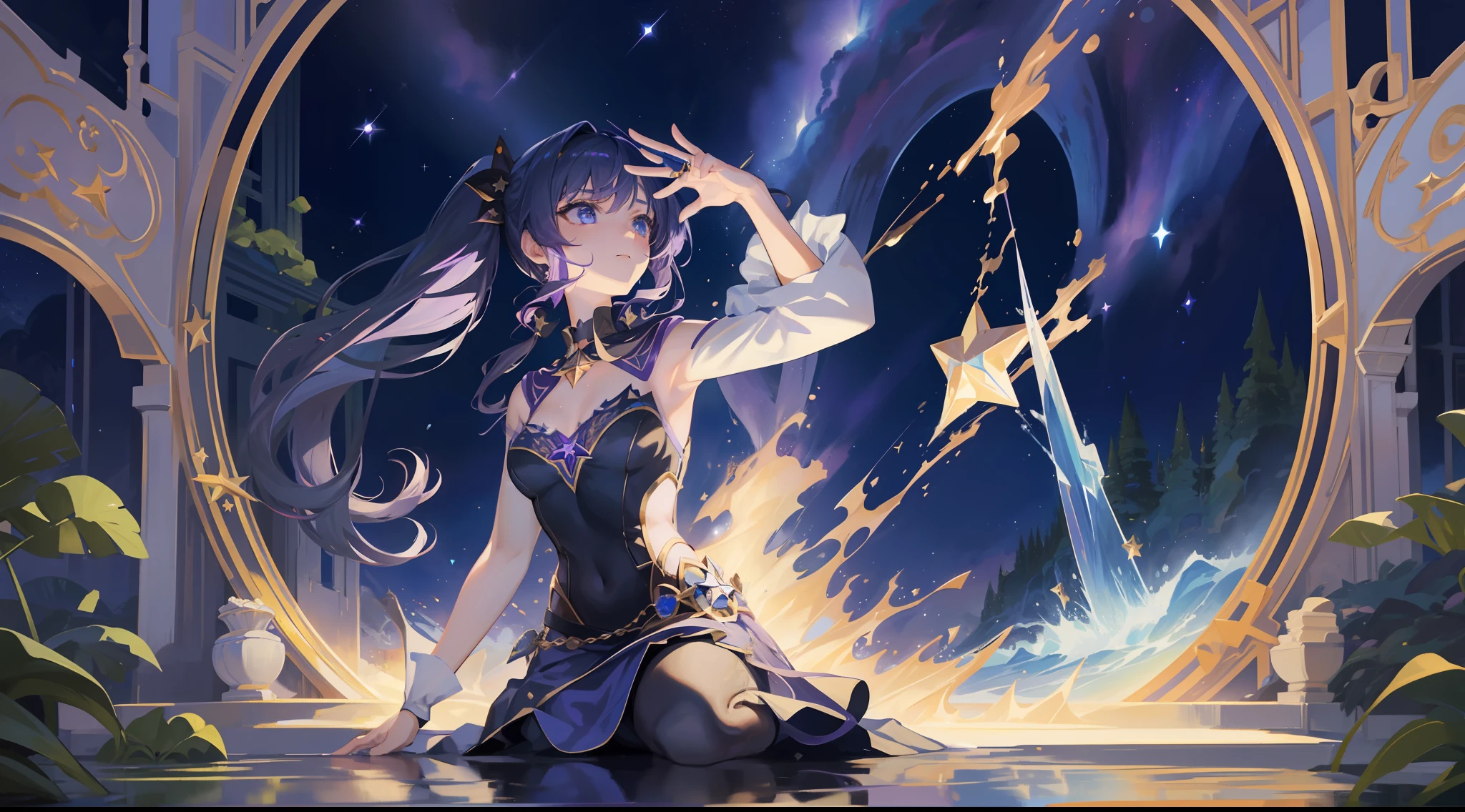 girl, solo, Mona \(Genshin Impact\), choker, hair between eyes, star \(symbol\), long hair, dark purple hair, twintails, blue eyes, shining eyes, jewelry, witch, maid, bangs, purple black dress, purple skirt, white apron, landscape, night sky, star \(sky\), starry sky, night, outdoor, clouds, reflection, water, magic, tarot, water magic, ((beautiful golden crystal star)), space, water drops, splash