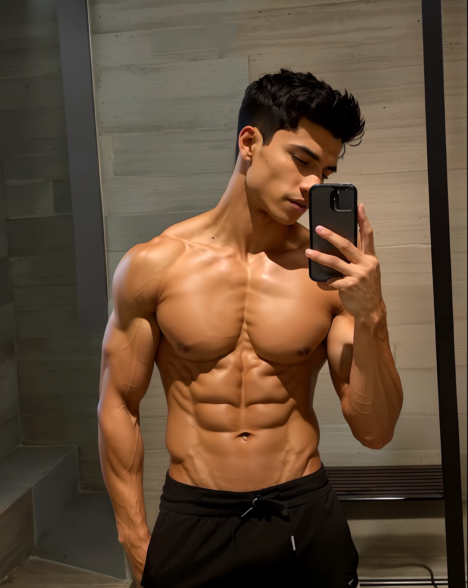 arafed man with short hair and no shirt standing next to a wall, lean man with light tan skin, chiseled abs, sweaty abs, shirtless, beautiful handsome body, attractive body, model with attractive body, strong masculine features, with abs, handsome male, prefect body, fitness model, sexy masculine