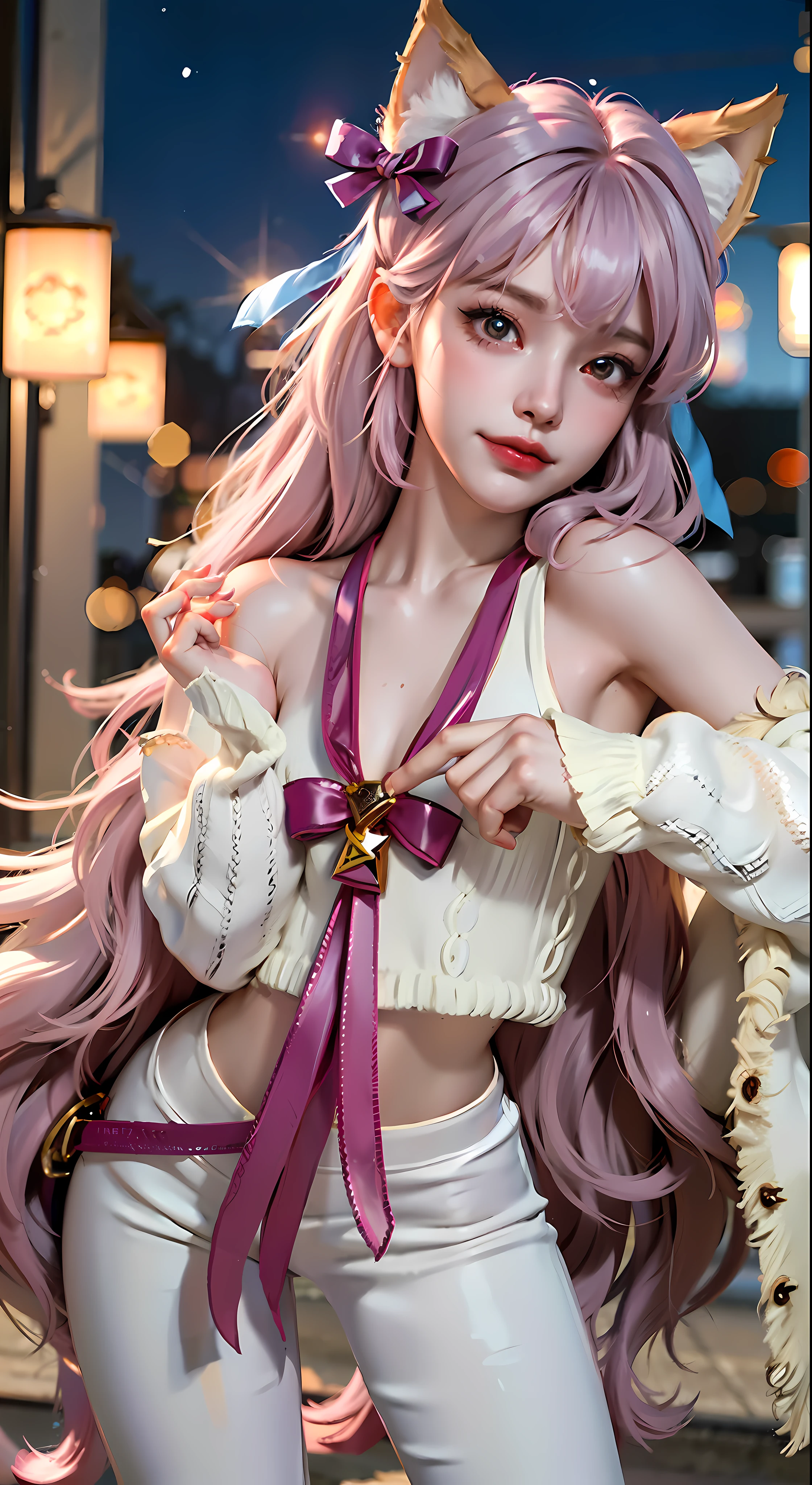 Fox Human, Furry Ears, Ultra Clear, Detail Portrayal, Detail Legs, Greasy Skin, Cinematic Texture, Best Quality, Best Light, White Sweater, White Skinny Yoga Pants, Detail Face, Collarbone, Long Long Legs, Long Hair of Random Color, Random Color Eyes, Light Pollution, 8K, 3D, Hair Accessory Bow, Big, Smile, Expression, Action, Sailor, Hand Refinement, 8K HD, Star Guardian, Greasy Skin, Best Angle, Ultra HD Quality, Role Play, Unreal Engine, Best Gloss, Best quality, masterpiece, highest image quality