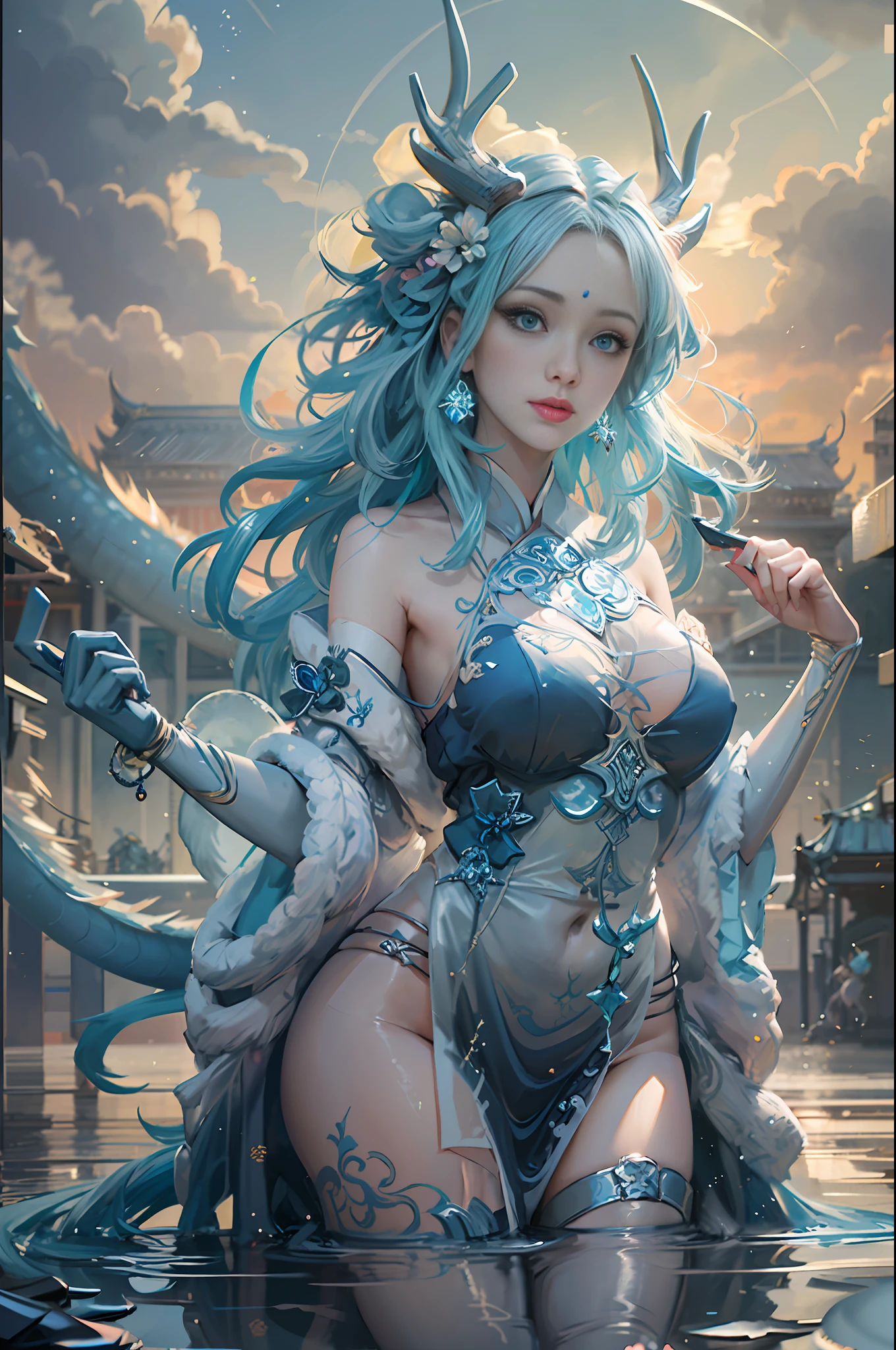 Beautiful girl in Hanfu with lake water in the background, Behind it is a cyan Chinese dragon (dragon: 1.4), (realistic, photo realistic: 1.3), extremely delicate and beautiful, amazing, fine detail, (best illustration), (best shadow), intricate, behind a cyan Chinese dragon (dragon: 1.4), surrounded by water, lake in background, black mountains, trees, wind, long wavy body, fangs, fantasy, mythology, high quality, highly detailed, epic, particle effects, dynamic effects, surround), clouds, sunset, clear focus, volumetric fog , 8k Ultra HD, DSLR, High quality, (Film grain: 1.4), Fujifilm XT3,official art, unified 8K wallpaper, super detailed, beautiful beauty, best quality, (tangled, entangled), (fractal art: 1.4), 1 girl, Chinese, gorgeous hanfu kimono, calf, navel, very detailed, dynamic angle, denim lens, (most beautiful chaotic shape), flow, (bright colors), OC, (half: 1.2), china, (tape: 1.3), (dream: 1.5), (Hanfu: 1.5), (Smile: 0.5), (Chinese God 1.3), Complex, Ultra Detailed, (Skin Dents), Female, Detailed Body, (Detailed Face: 1.1), (Contour Iris), (Watercolor Lenses), (Perfect Eyes), Gorgeous, (Masterpiece: 1.2), (Best Quality: 1.2), Wide Buttocks, Thick Thighs, (Big Tits: 1.2) and (Big Breasts: 1.2), Detailed Background, Cinematic Light, Best Shadow, Cute Detail Face, Dramatic Light, Intricate details, flowing long hair, ethereal light, wide angle, solo, full body, colorful, flame, charming, enchanting, mature woman, thin waist, gorgeous goddess, Buddha-figure, absurd long hair, pale gold eyes, looking at the audience, delicate pattern, precious stone, gold, diamond, fine feathers, volumetric light, holiness, backlight, opposite, girl with antler decoration on her head, girl with black hair, hair bobbles, wince, longeyelashes, solid circle eyes, fake animal ears, light smile, ear blush, fang, China Dragon, Take a photo with the Chinese dragon, Behind the girl stood a Chinese dragon, There are splashing scenes, water bloom, The picture has tension, F