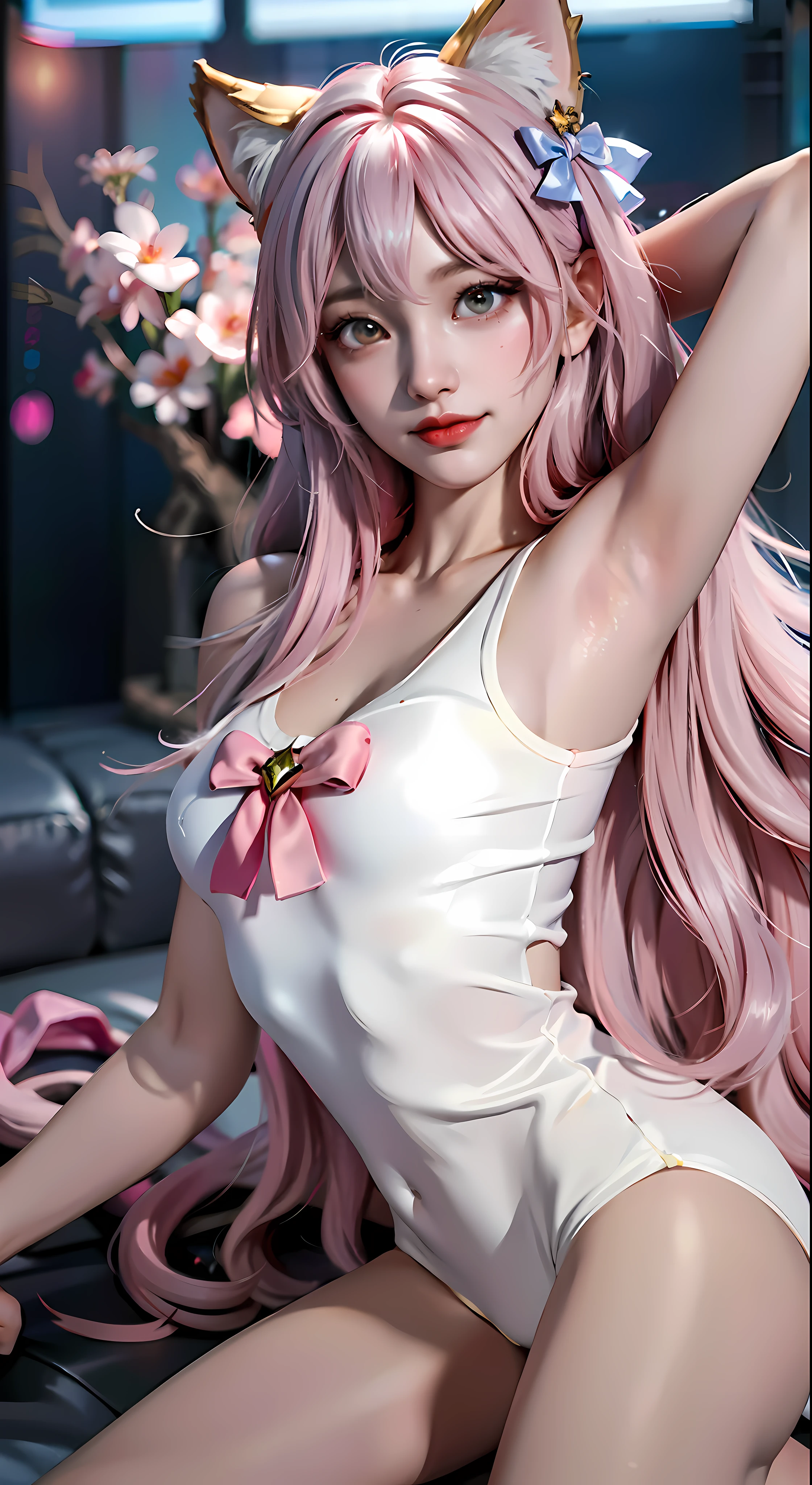 Fox Human, Furry Ears, Ultra Clear, Detail Portrayal, Detail Legs, Greasy Skin, Cinematic Texture, Best Quality, Best Light, White Sweater, White Skinny Yoga Pants, Detail Face, Collarbone, Long Long Legs, Long Hair of Random Color, Random Color Eyes, Light Pollution, 8K, 3D, Hair Accessory Bow, Big, Smile, Expression, Action, Sailor, Hand Refinement, 8K HD, Star Guardian, Greasy Skin, Best Angle, Ultra HD Quality, Role Play, Unreal Engine, Best Gloss, Best quality, masterpiece, highest image quality