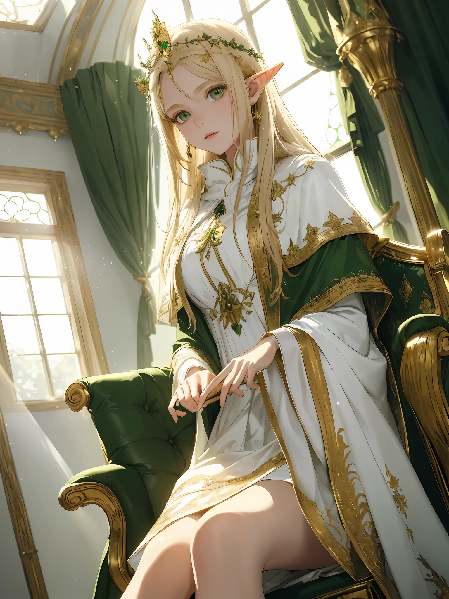 (((Masterpiece, highest quality, high definition, high detail)))), ((((Fantasy)))), One, (Elf Queen)))), (White short skirt with gold embroidery), (Blonde long straight hair), (Glossy dark green eyes), (Gold embroidered green surcoat), Big, ((Queen's Audience Room)), (Luxurious throne on the stairs of a large space)), ((Elf Queen sitting on a throne)) , ((Richly decorated green cloak)), ((High ceiling)), ((Large window behind)), ((Pale sunlight shining through the window)), tilting the head, Shy up, (breeze), Particles of light flying