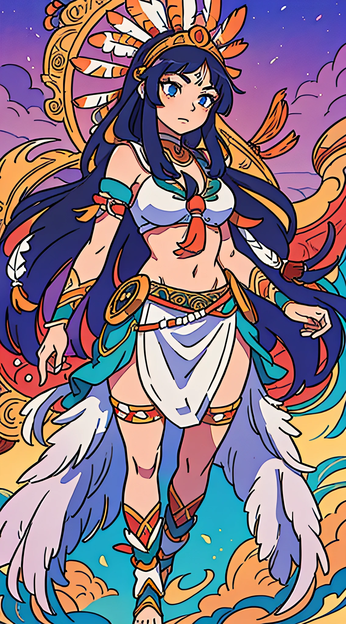 anime, a woman in native dress with feathers and a headdress, beautiful young wind spirit, full body, 8k high quality detailed art, detailed digital anime art, tribal anime boy with long hair, stunning art style, beautiful digital art, fanart best artstation, native american, indian art, guweiz style art, guweiz in artstation pixiv
