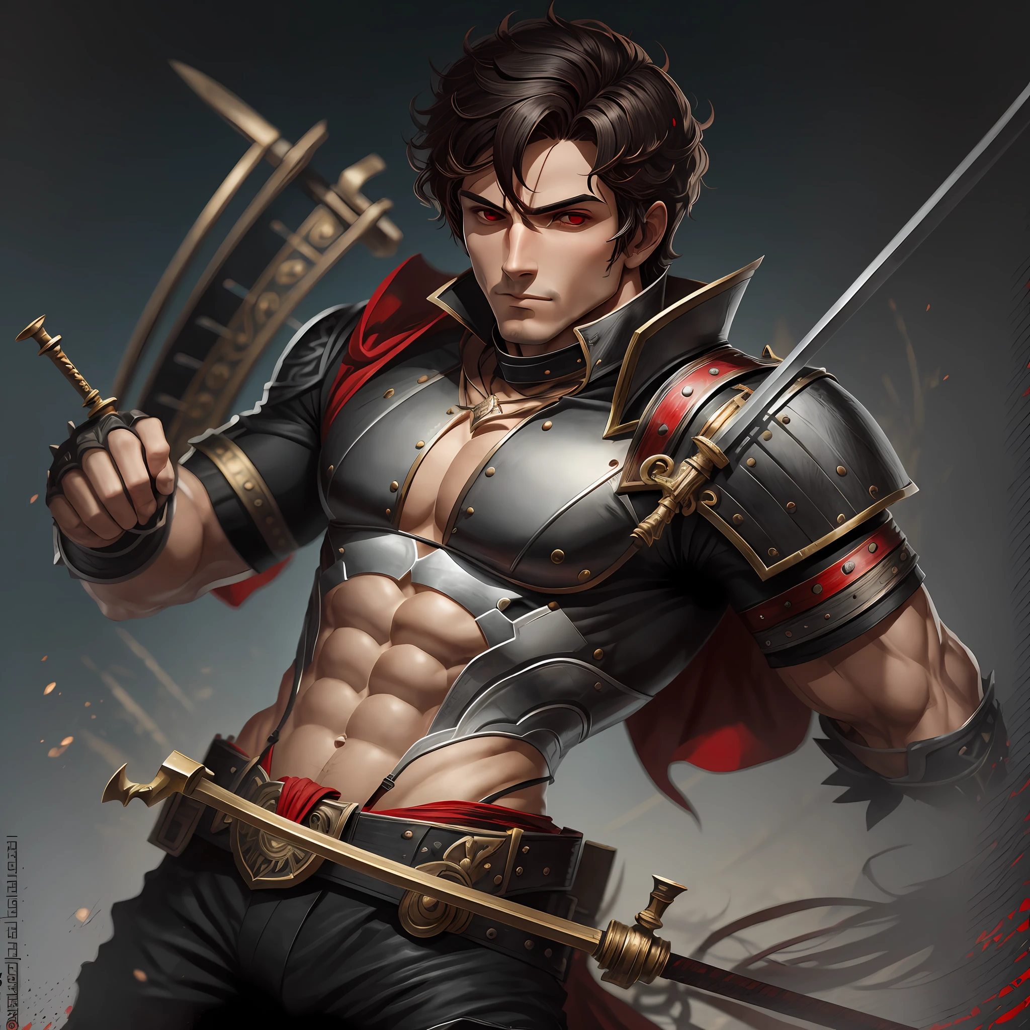 Corinthian musketeer, male, metal parts, black and red clothing, muscular, holding a fencing sword