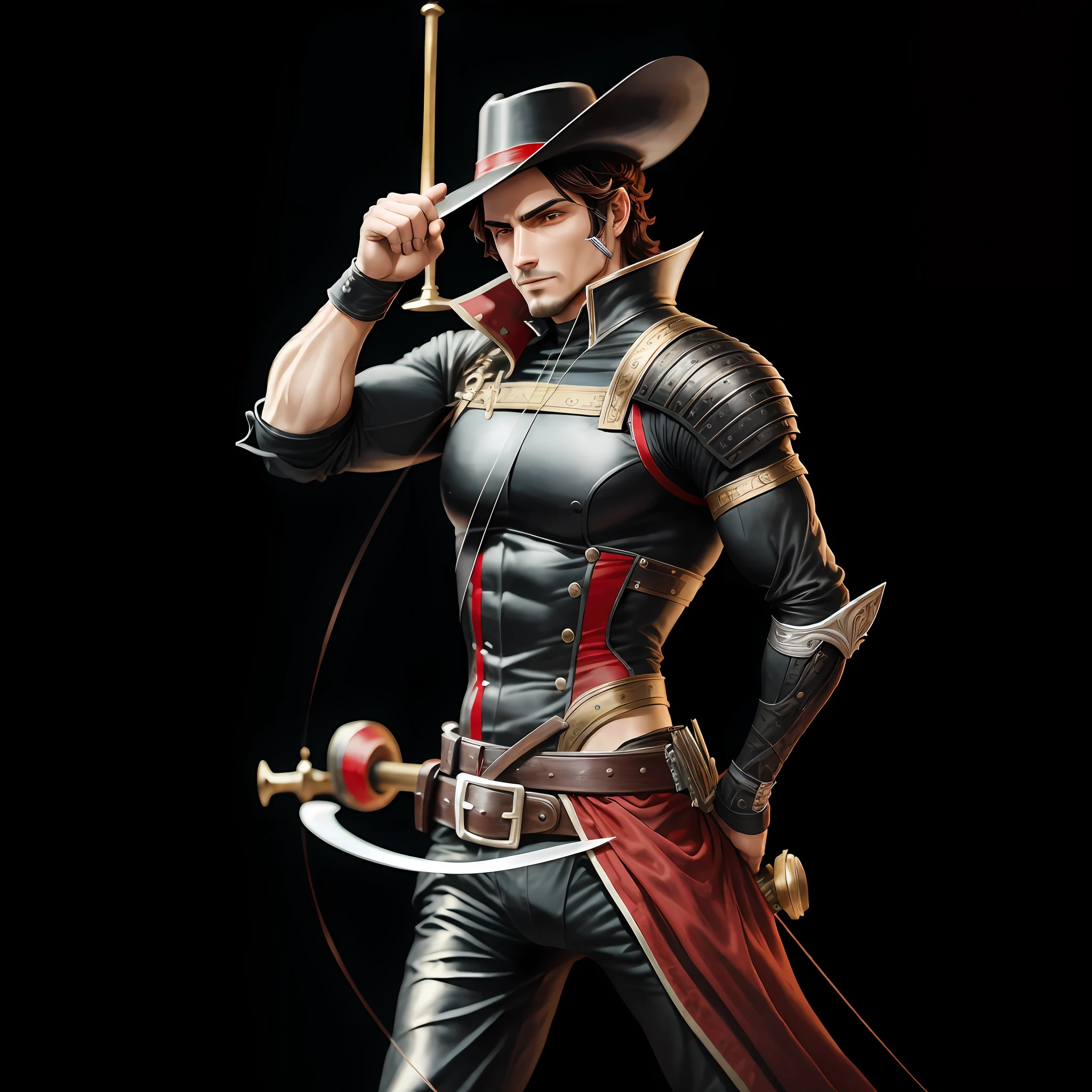 Corinthian musketeer, male, metal parts, black and red clothing, muscular, holding a fencing sword