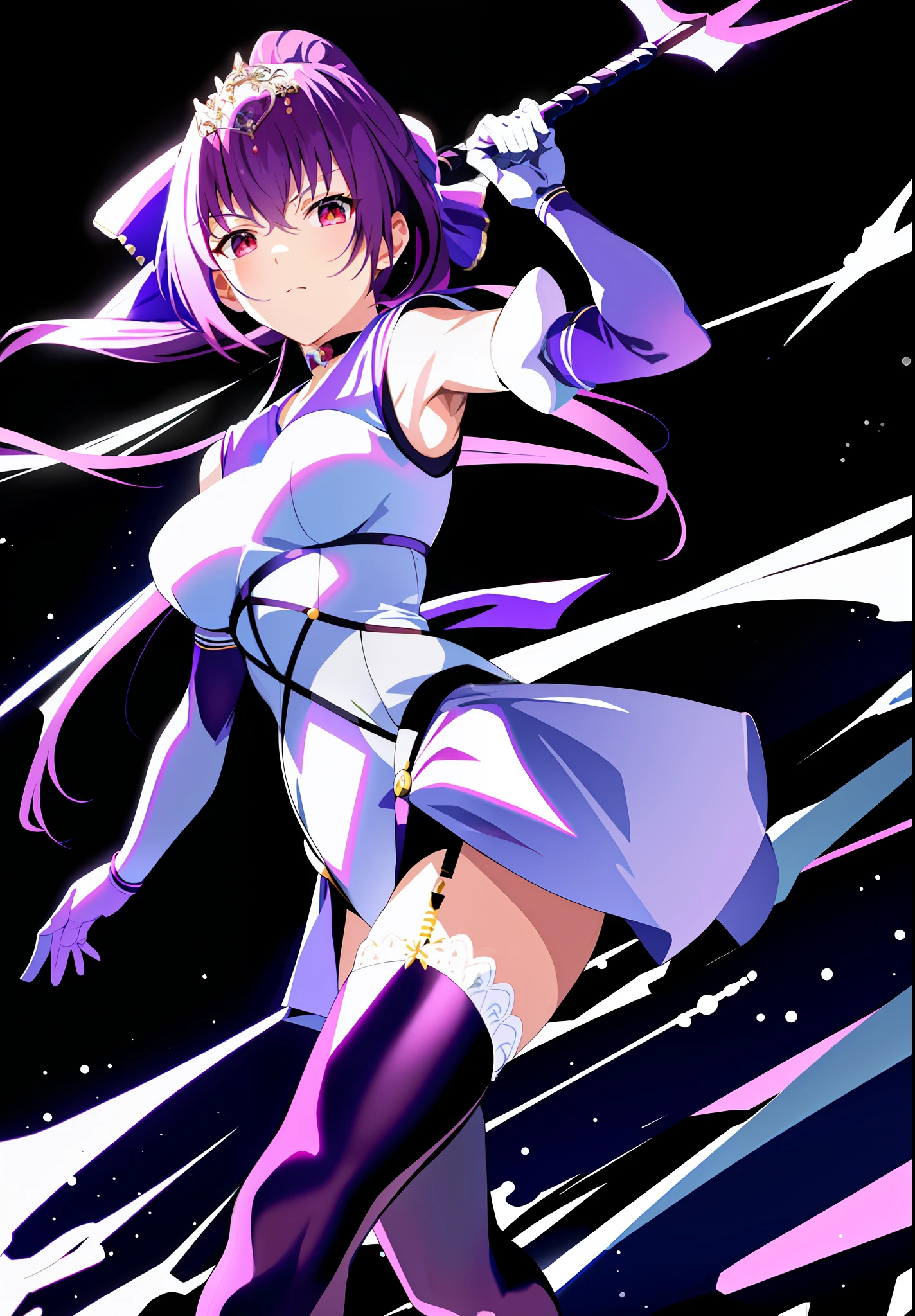 masterpiece, best quality, highres, sv1, sailor senshi uniform, elbow gloves, tiara, purple bow, purple choker, purple sailor collar, white gloves, jewelry, white leotard, outdoors, holding Gae Bolg Spear