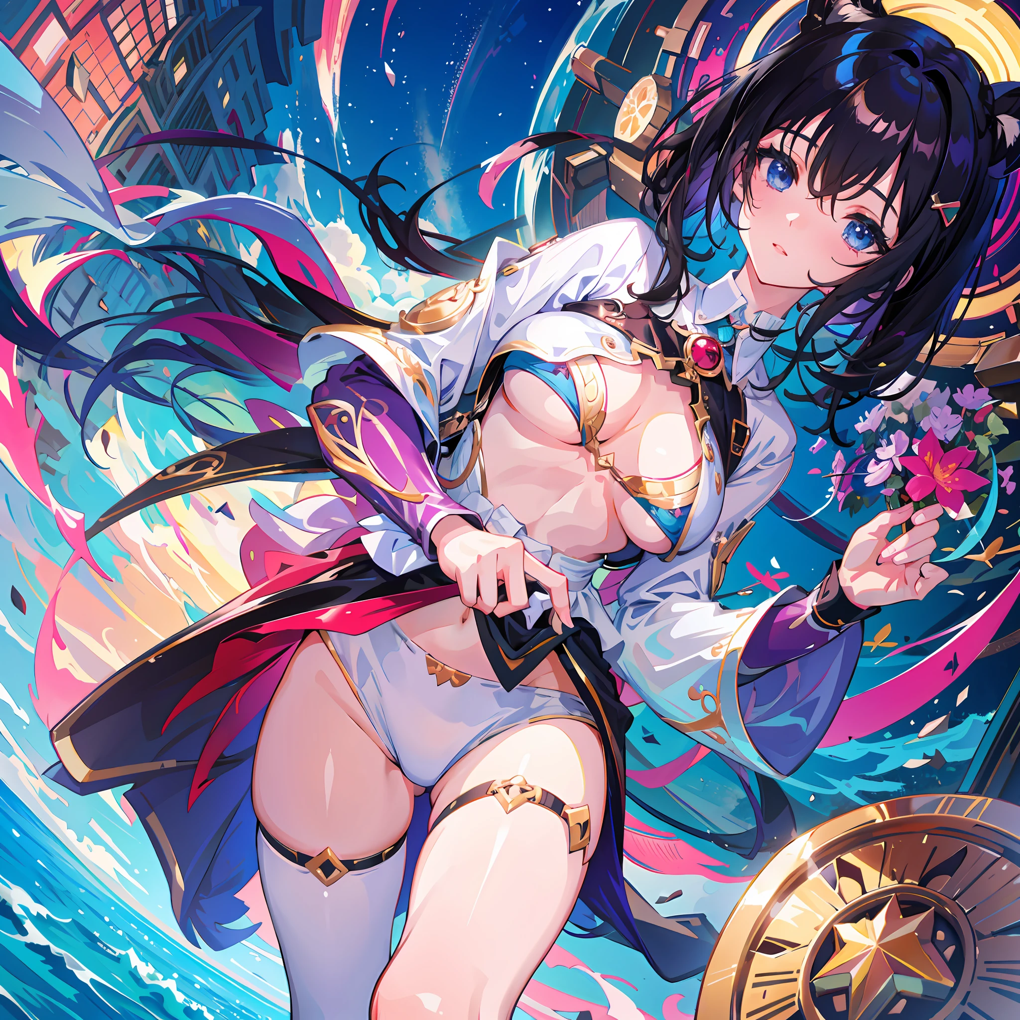 (exceptional, best aesthetic, best quality, masterpiece, extremely detailed, anime), 1girl, solo, perfect breasts, looking at viewer, upshirt, underboob