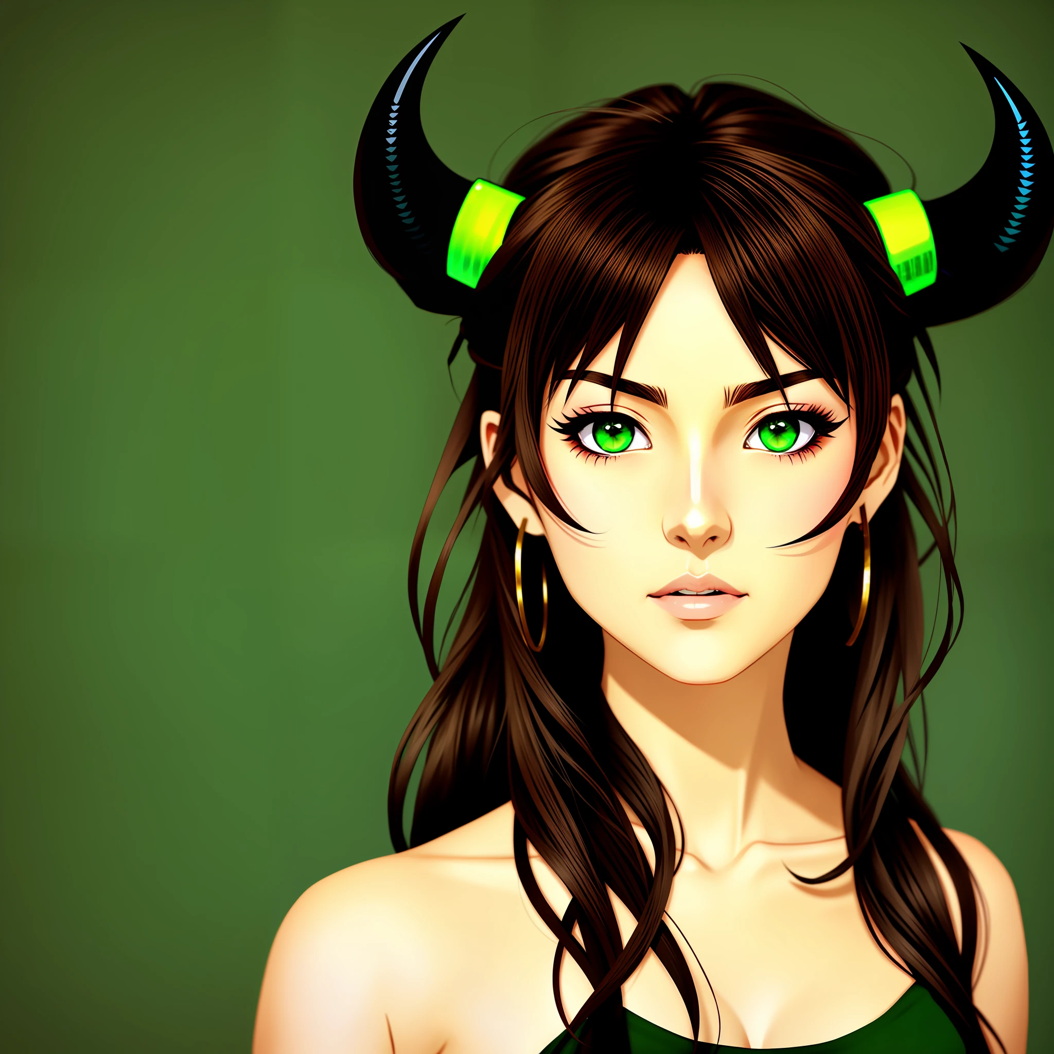 Anime style, beautiful brown woman with green eyes and dark brown hair, horns sticking out of hair, beautiful, portrait