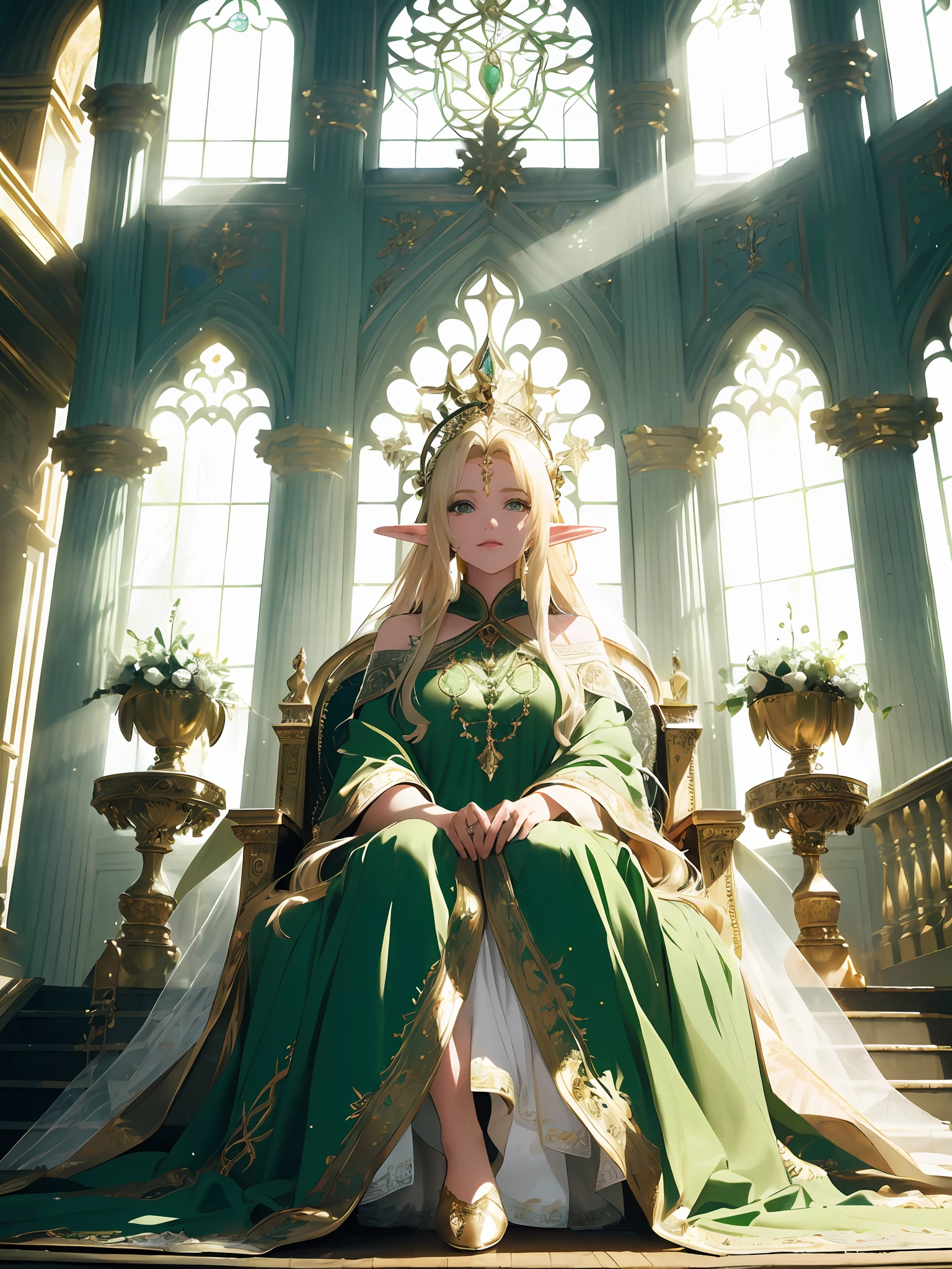 (Masterpiece, highest quality, high definition, high detail)))), ((((Fantasy)))), One, (Elf Queen)))), (Long white skirt with gold embroidery), (Blonde long straight hair), (Glossy dark green eyes), (Green dress with gold embroidery), Big, (Queen's Audience Room)), ((Large and luxurious throne on the stairs of a large space)), ((Elf Queen sitting on a throne) ), ((Richly decorated green cloak)), ((High ceiling)), ((Large window behind)), ((Pale sunlight shining through the window)), tilting the head, Shy up, (breeze), Particles of light flying