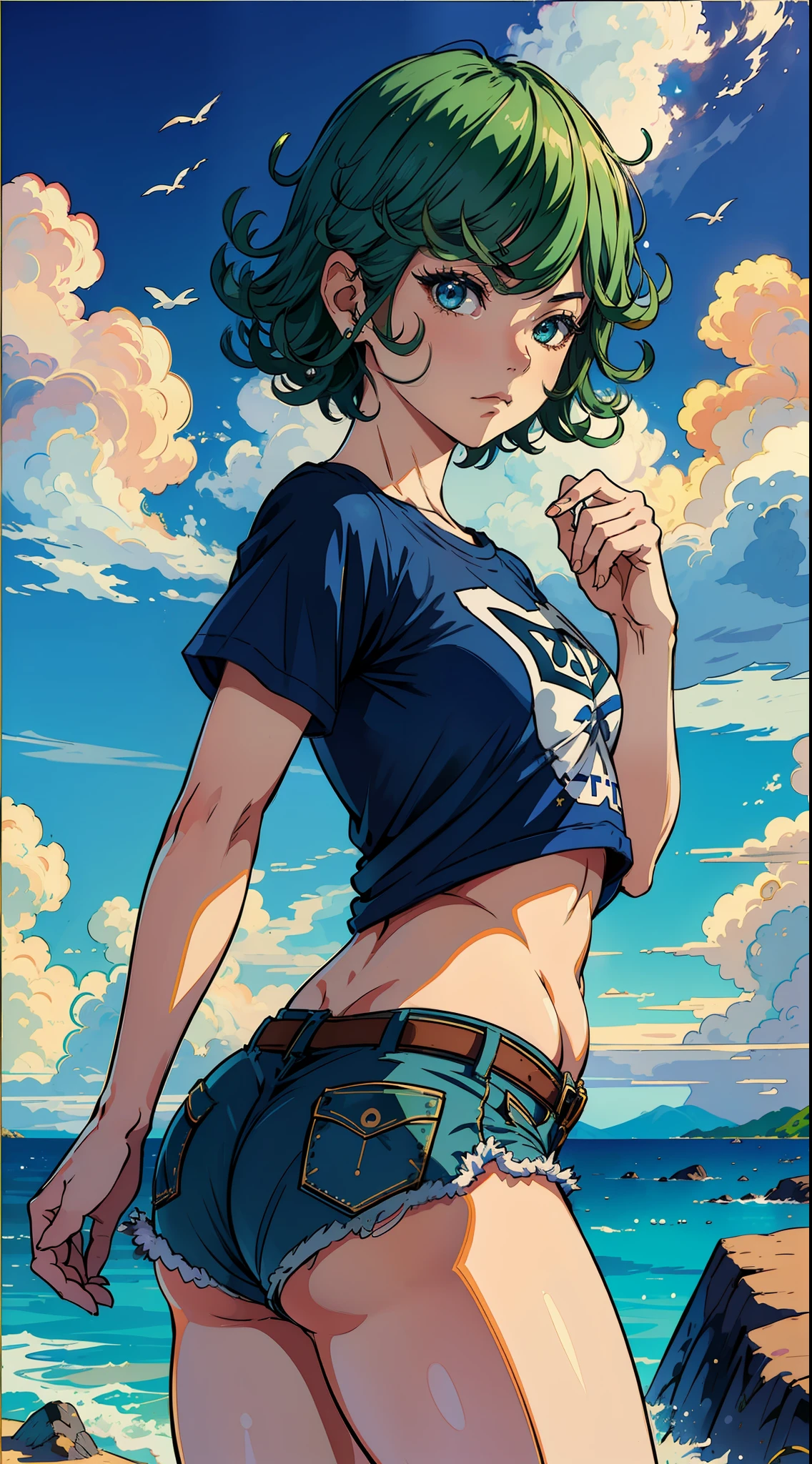 (masterpiece, best quality:1.2), cowboy shot, solo, 1girl, tatsumaki, lustful, closed mouth, looking at the viewer, ass, wide hips, t-shirt, short shorts, blue sky, clouds, erotica,