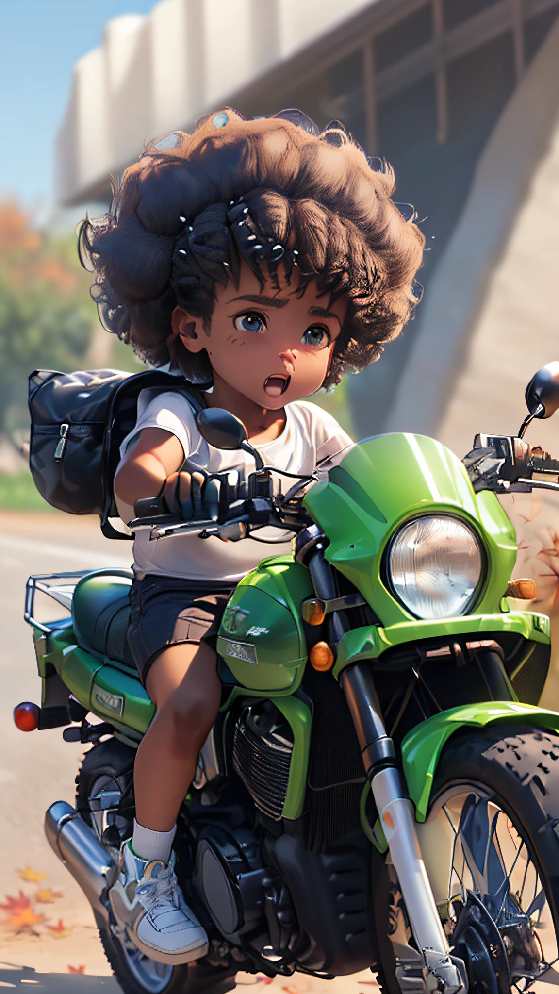 ((3D, best quality: 1.3)), ultra-detailed, SK, ((((solo))), full body, (close-up of a 5-year-old baby ((Afro-futuristic)): 1;15), wearing casual, current fashion, black T-shirt short, (((white shoes))), (short kanekalon hair; 1.15), (well-defined symmetrical face, expression of fear: 1.12), riding a green motorcycle, (((detailed and sharp facial expressions)), autumn, floas in the wind, warm and soft dark luminosity,  motion blur, magnificent blue sky,