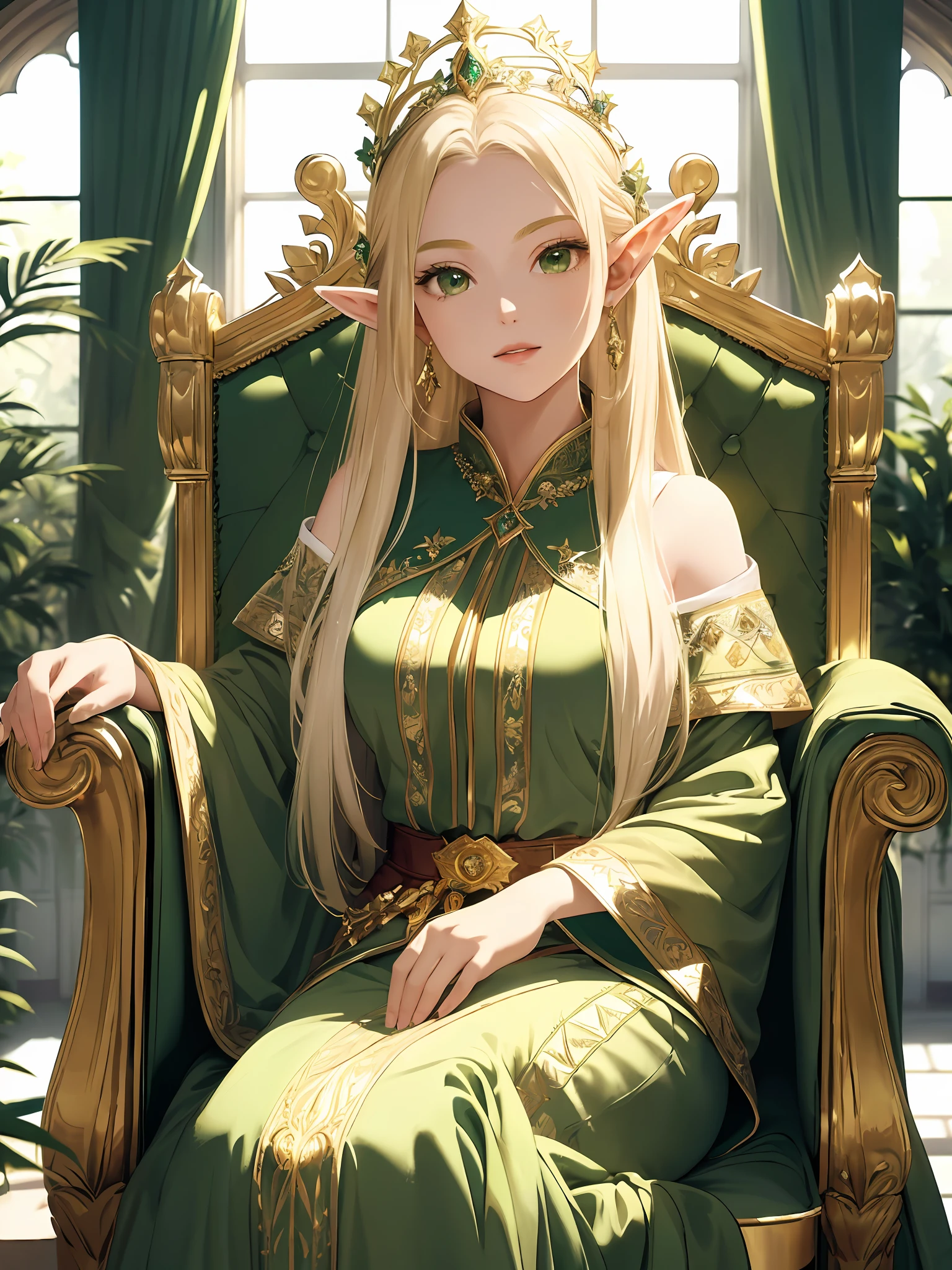 (Masterpiece, highest quality, high definition, high detail)))), ((((Fantasy)))), One, (Elf Queen)))), (Long white skirt with gold embroidery), (Blonde long straight hair), (Glossy dark green eyes), (Green dress with gold embroidery), Big, (Queen's Audience Room)), ((Large and luxurious throne on the stairs of a large space)), ((Elf Queen sitting on a throne) ), ((Richly decorated green cloak)), ((High ceiling)), ((Large window behind)), ((Pale sunlight shining through the window)), tilting the head, Shy up, (breeze), Particles of light flying