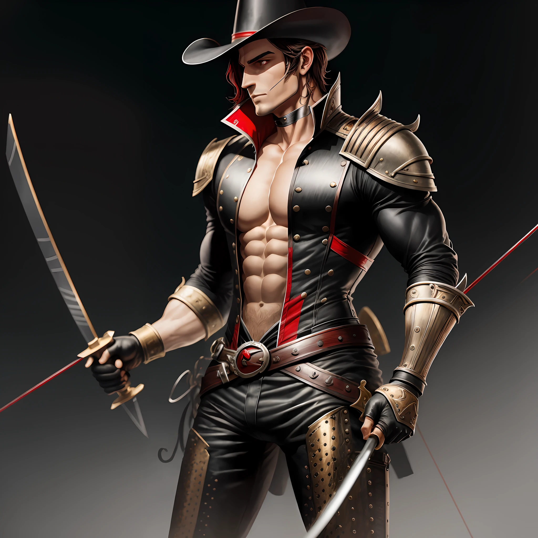 Corinthian musketeer, male, metal parts, black and red clothing, muscular, holding a fencing sword