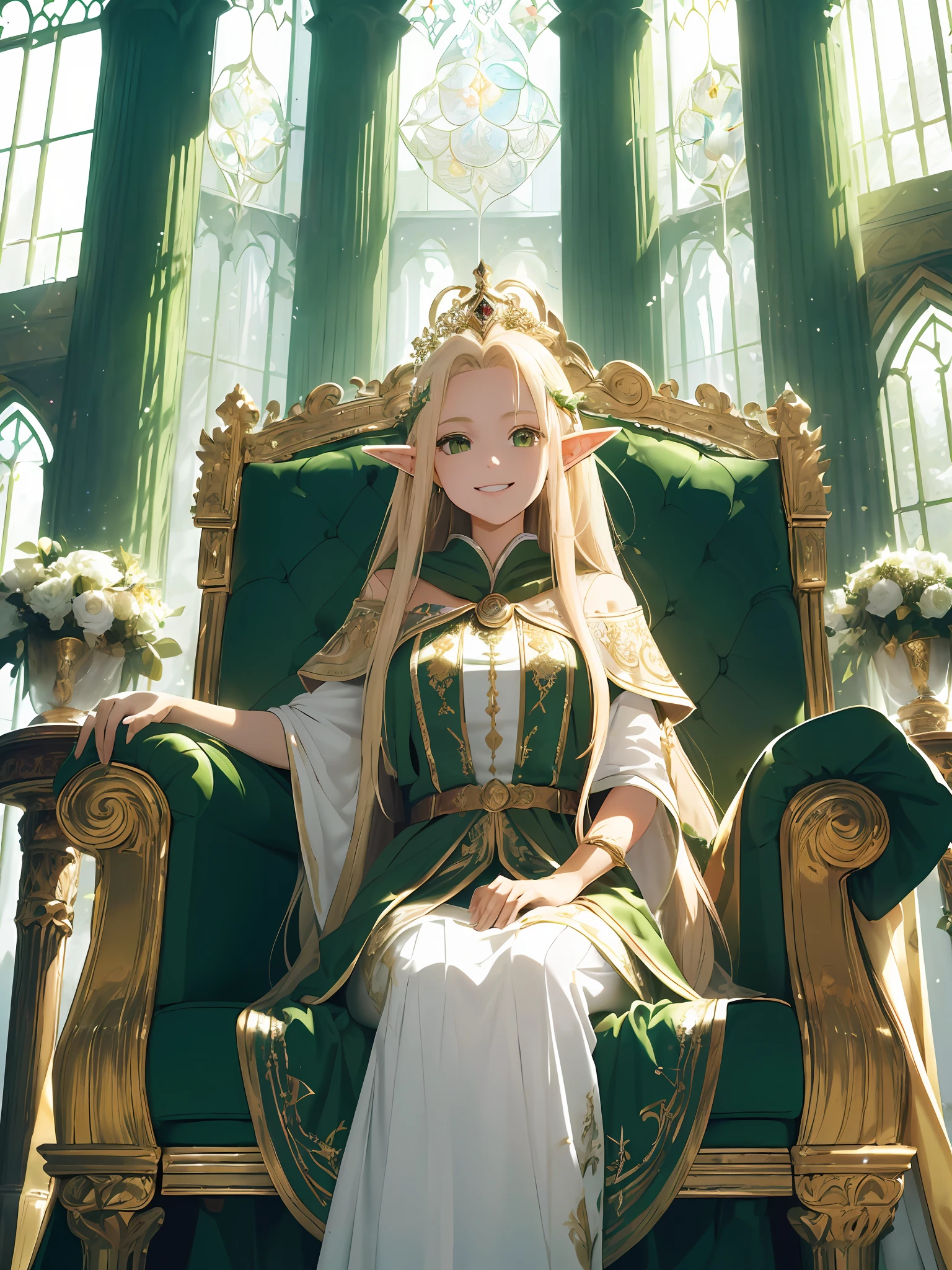 (Masterpiece, highest quality, high definition, high detail)))), ((((Fantasy)))), One, (Elf Queen)))), (Long white skirt with gold embroidery), (Blonde long straight hair), (Glossy dark green eyes), (Green dress with gold embroidery), Big, (Queen's Audience Room)), ((Large and luxurious throne on the stairs of a large space)), ((Elf Queen sitting on a throne) ), ((Richly decorated green cloak)), ((High ceiling)), ((Large window behind)), (((Pale sunlight shining through the window)), tilting your head, embarrassed, happy, (breeze), light particles flying