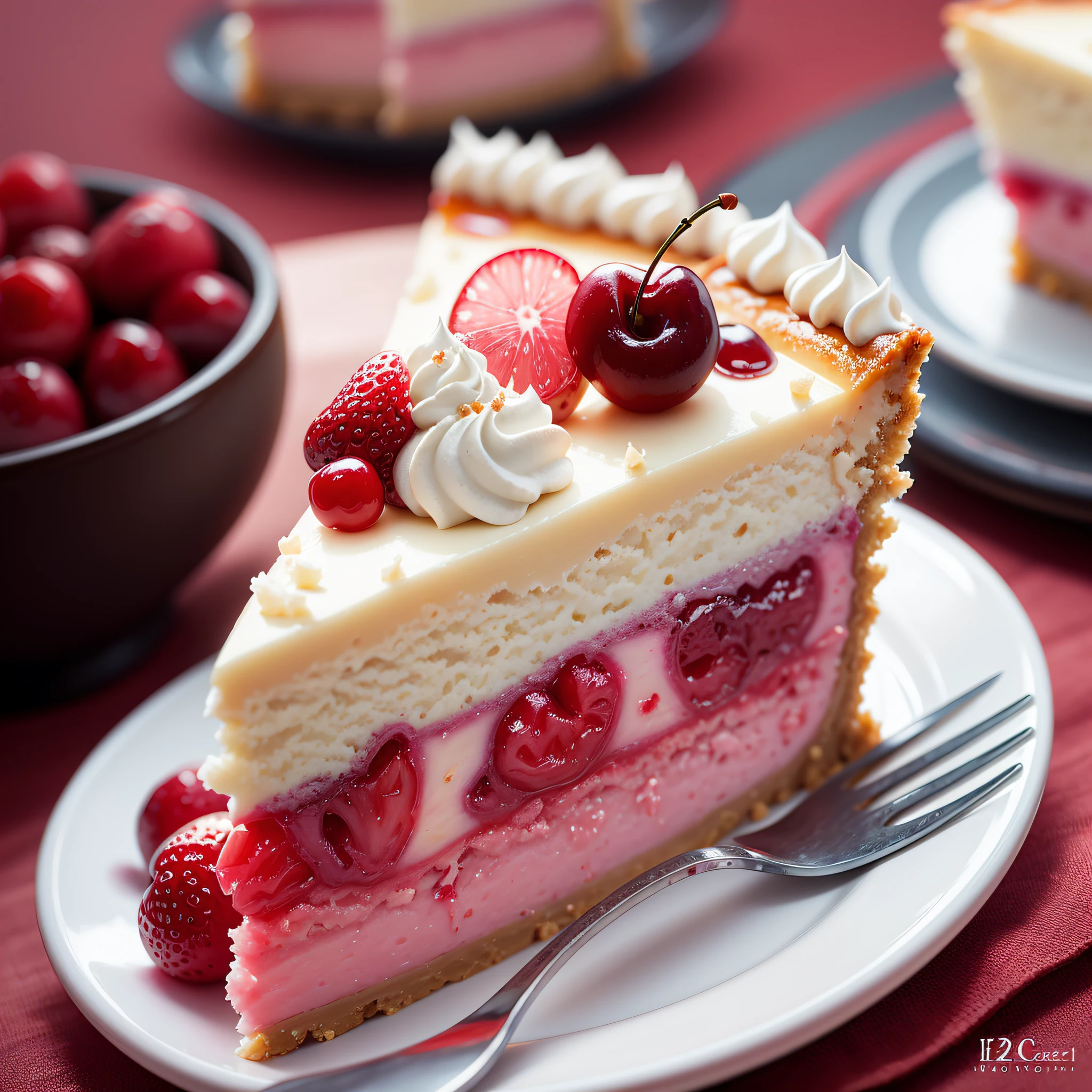 Appetizing cherry cheesecake slice, professional photography and light, close-up --air 2:3 --v 5 --q 2, ipr realism 4 k --auto --s2