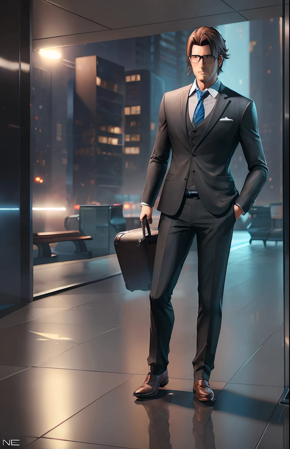Man in suit holding a suitcase, coming out of a bench, Unreal Engine 5, maximum quality, 4K --auto --s2