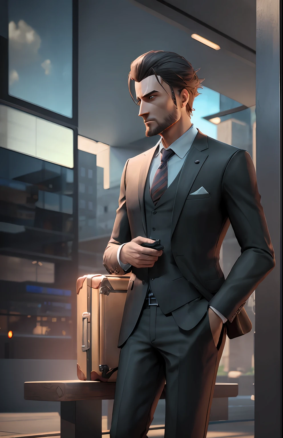 Man in suit holding a suitcase, coming out of a bench, Unreal Engine 5, maximum quality, 4K --auto --s2
