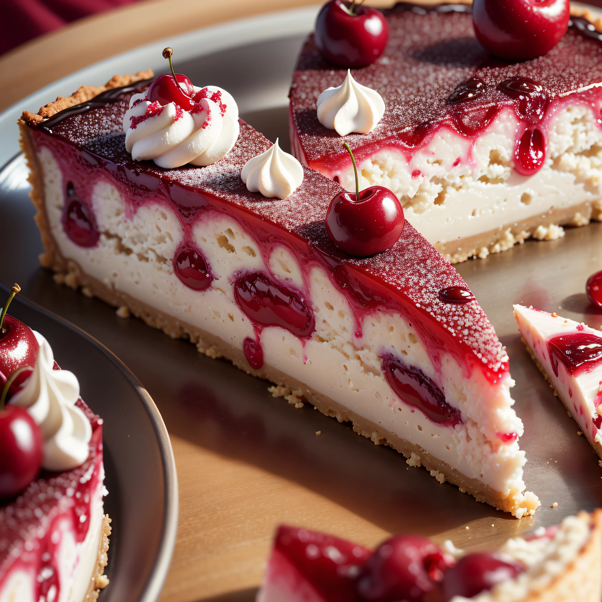 Appetizing cherry cheesecake slice, professional photography and light, close-up --air 2:3 --v 5 --q 2, ipr realism 4 k --auto --s2