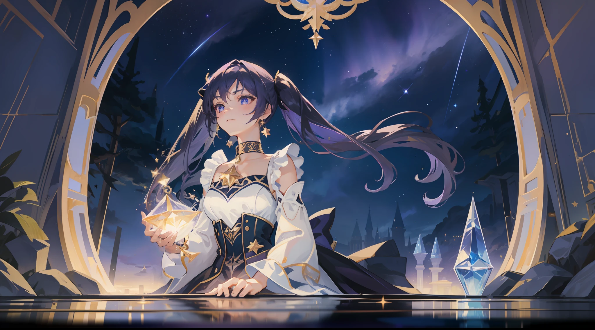 girl, located in the corner, looking at the sky, solo, Mona \(Genshin Impact\), choker, hair between eyes, star \(symbol\), long hair, dark purple hair, twintails, blue eyes, shining eyes, jewelry, witch, maid, bangs, purple black dress, purple skirt, white apron, landscape, night sky, star \(sky\), starry sky, night, outdoor, clouds, reflection, water, magic, tarot, water magic, ((beautiful golden crystal star)), space, water droplets, splash