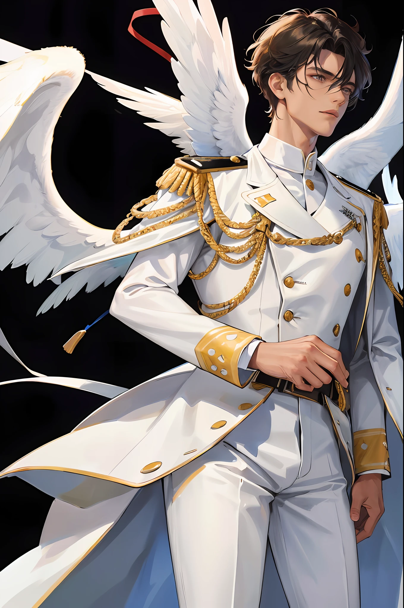 (Higher resolution, distinct_image) A man of the best quality, masterpiece, highly detailed, semi realistic, black man with short hair, with central hair, 18 years old, young, tall and strong, pure white clothes, white uniforms, military uniforms, military academy, undisciplined, unrestrained, handsome, authoritarian, powerful aura, Satan, angel, fine facial features, facial details,