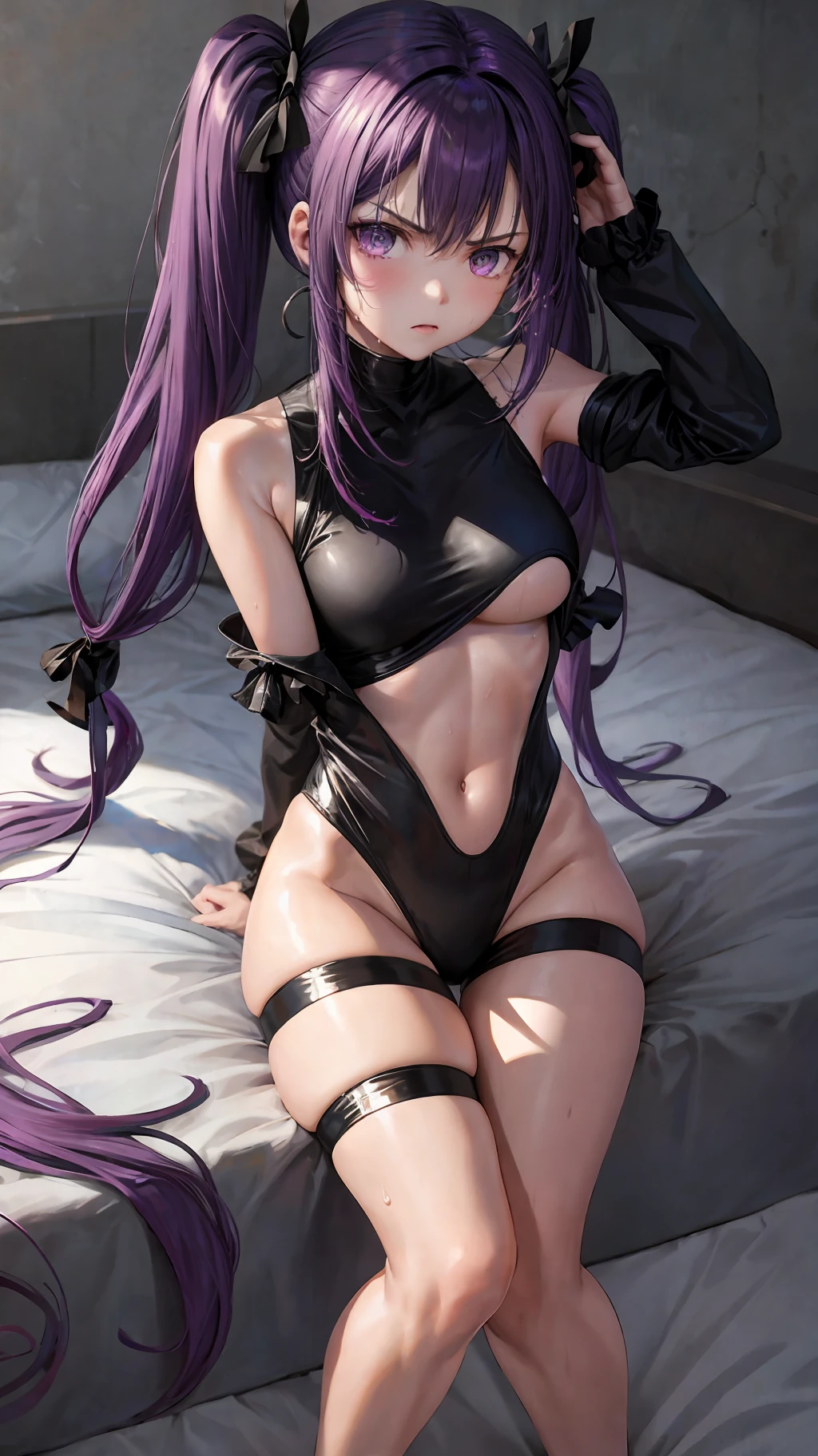 (masterpiece: 1.4), best quality, 1girl,
long hair, female , (angry: 1.2), purple hair, twintails, , tusk, purple eyes, black ribbon, medium , thin thigh, slim body, thin legs, full body,
(shiny skin), look at the viewer, black bodysuit, torn legwear, bare feet,
(wet, sweat,
lying down, bed