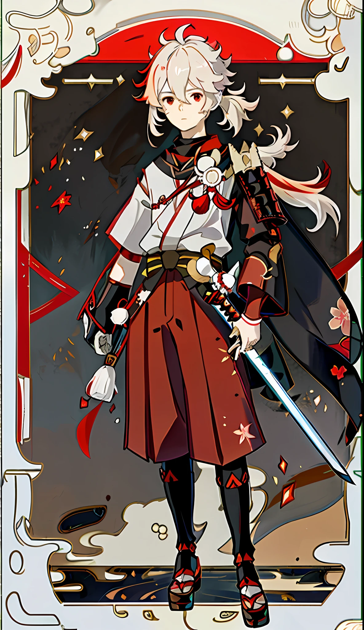 masterpiece, best quality,
kaedehara kazuha, male focus, 1boy, solo, red eyes, bangs, multicolored hair, japanese clothes, streaked hair, red hair, hair between eyes, weapon, sword, armor, japanese armor, white hair, closed mouth, ponytail, outdoors, tassel, looking at viewer tarot