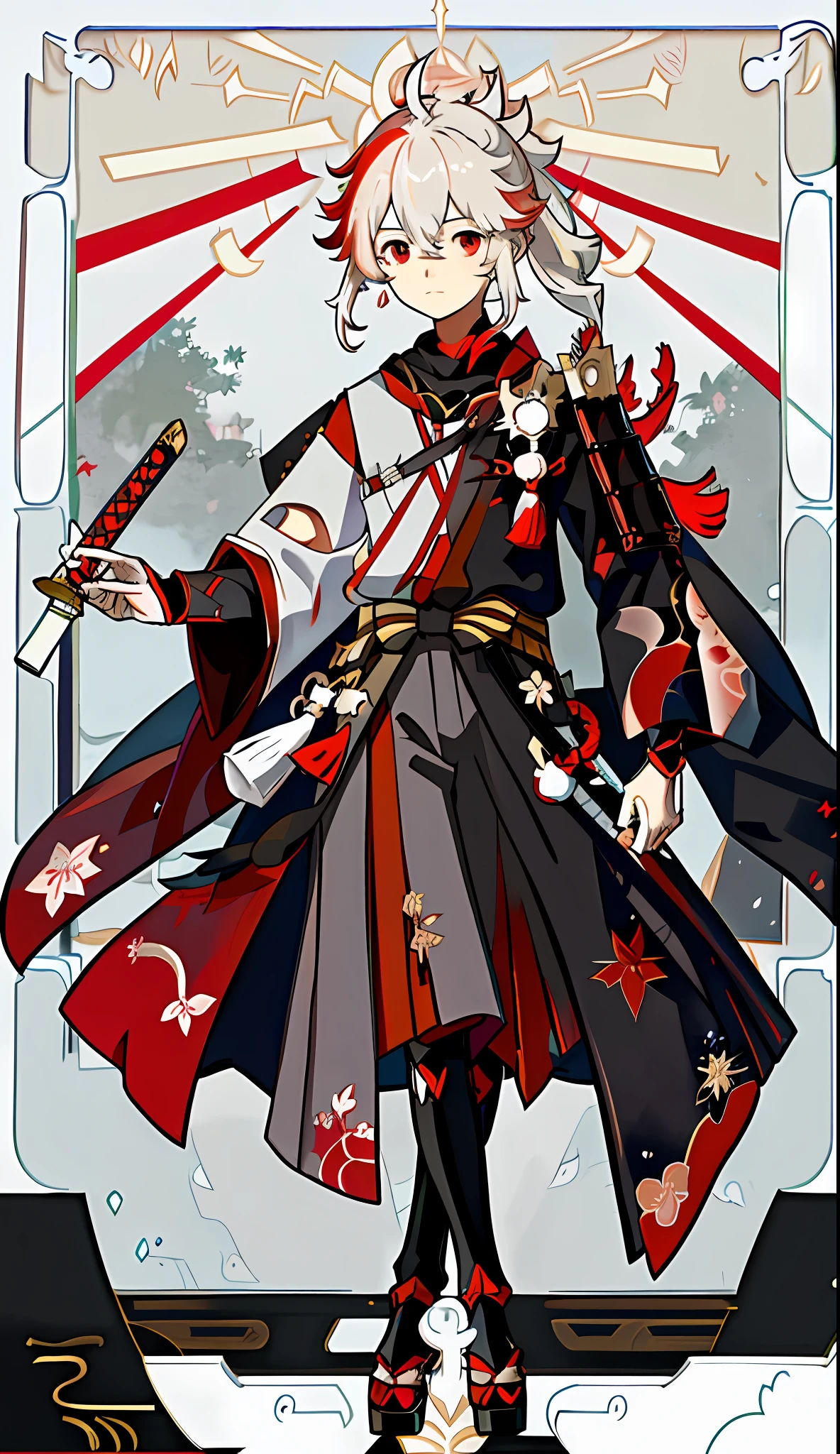 masterpiece, best quality,
kaedehara kazuha, male focus, 1boy, solo, red eyes, bangs, multicolored hair, japanese clothes, streaked hair, red hair, hair between eyes, weapon, sword, armor, japanese armor, white hair, closed mouth, ponytail, outdoors, tassel, looking at viewer tarot
