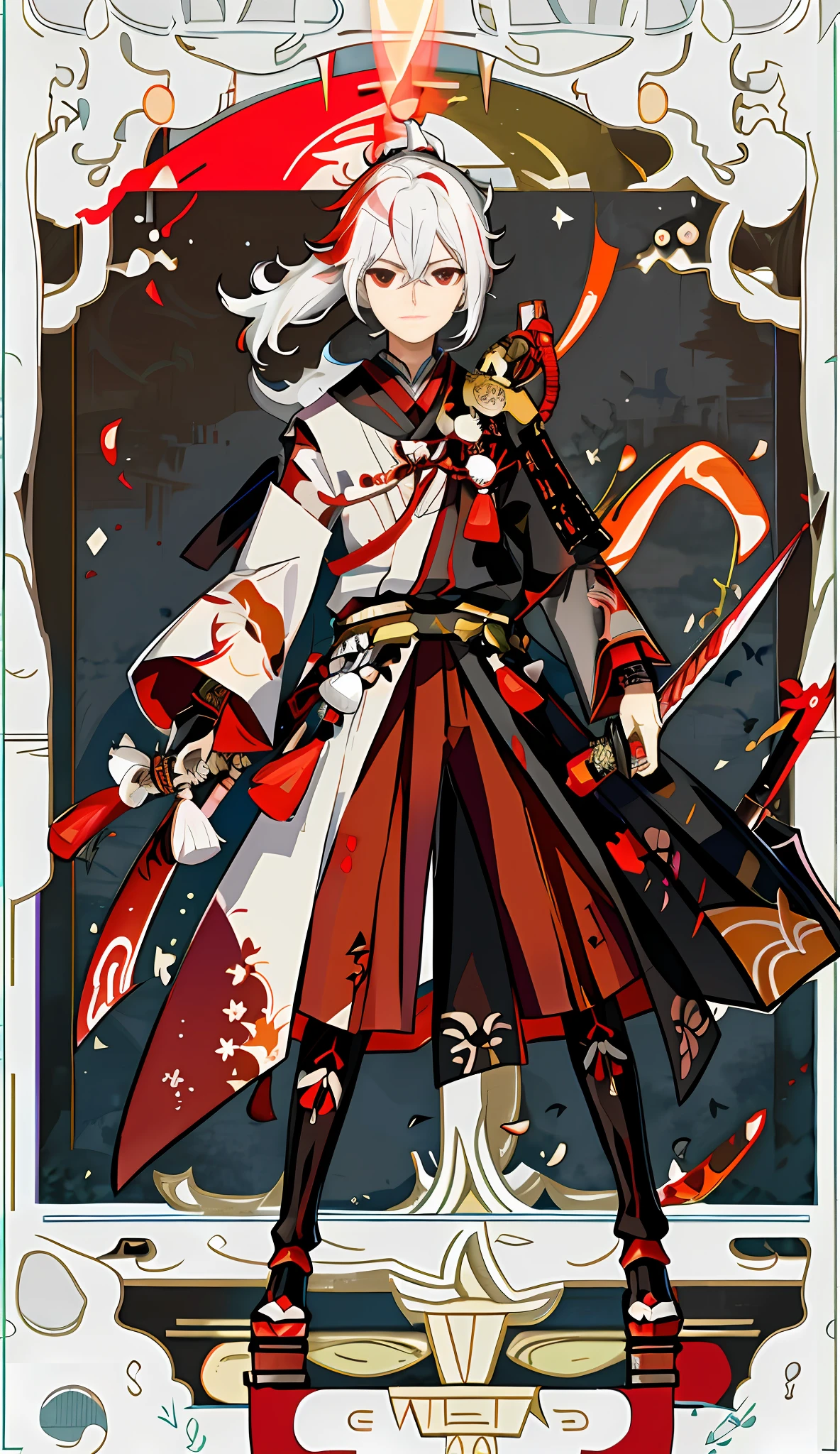 masterpiece, best quality,
kaedehara kazuha, male focus, 1boy, solo, red eyes, bangs, multicolored hair, japanese clothes, streaked hair, red hair, hair between eyes, weapon, sword, armor, japanese armor, white hair, closed mouth, ponytail, outdoors, tassel, looking at viewer tarot