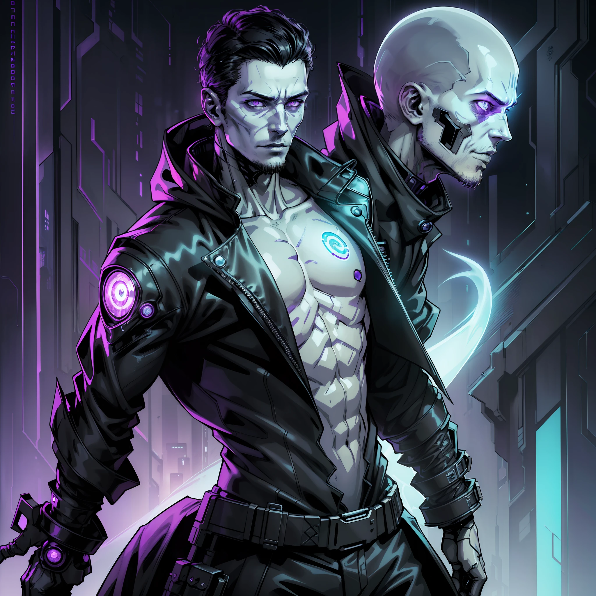 "(cool spectre ghost dark black cyberpunk coat:1), (full trunk), (((intricate details)), full torso shot, (male:2.0), cold lighting, dark theme :: focus on closeup face, sadistic face, :: Tom Ellis' face, (short black hair), :: round iris, ((purple eyes)))), perfect, intricate, complex eyes, Helios 44-2, (white goatee), ((incorporeal))), (((undead))), ((((floating)):: ultra realistic futuristic translucent ghost cyberpunk skinny man, dynamic pose, ((dark cyberpunk background)), (neon lights), :: natural lighting, detailed background :: bokeh :: 8k :: best quality :: masterpiece :: insanely detailed:1.5"