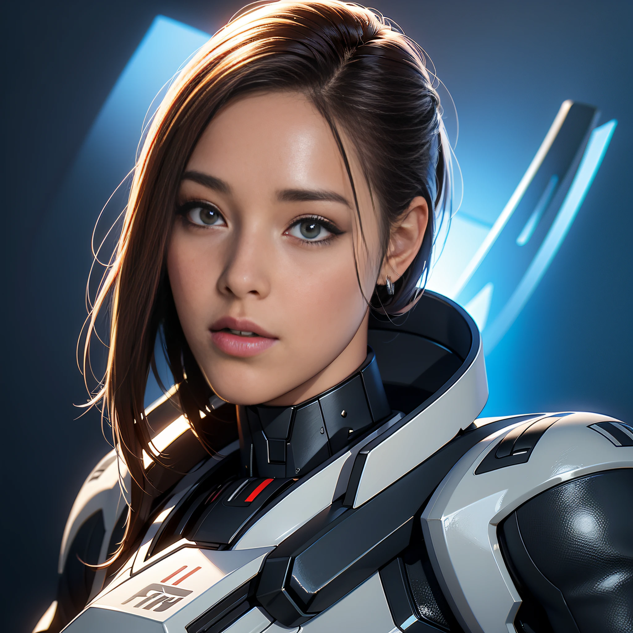 Space Robot Cyborg with a woman's face on style space fantasy, 3D effect painting, uncropped image, center image, high detail, cinematic lighting, high-quality textures with accurate rendering of details, color tones and half-shadows in details, bright color contrast with soft tone transitions, Digital Art, Fantasy Illustration, wide angle shot, depth of field, 8k, 35mm film grain, artstation soft light, sharp focus, hyperdetailed, HD