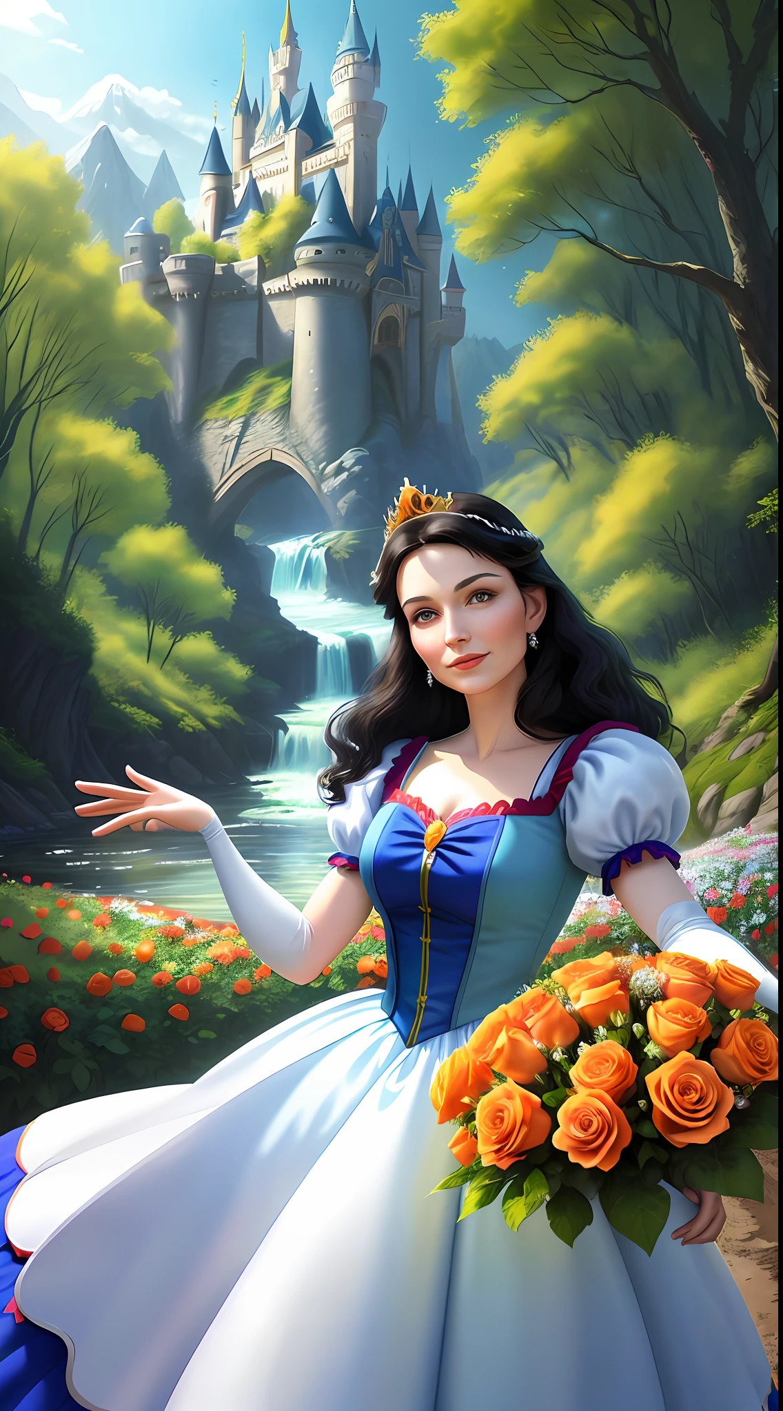 a middle-aged Disney Princess Snow White wearing a crown in the woods with many cute animals near her, dancing first-person view. Many flowers of various colors. A sunny day. with a river and a fairytale castle in the background. Walt Disney cartoon style masterpiece, multiple angles looking to the camera, big orange and red roses, 3, smelling, light smile, satellite image, close-up, dutch angle