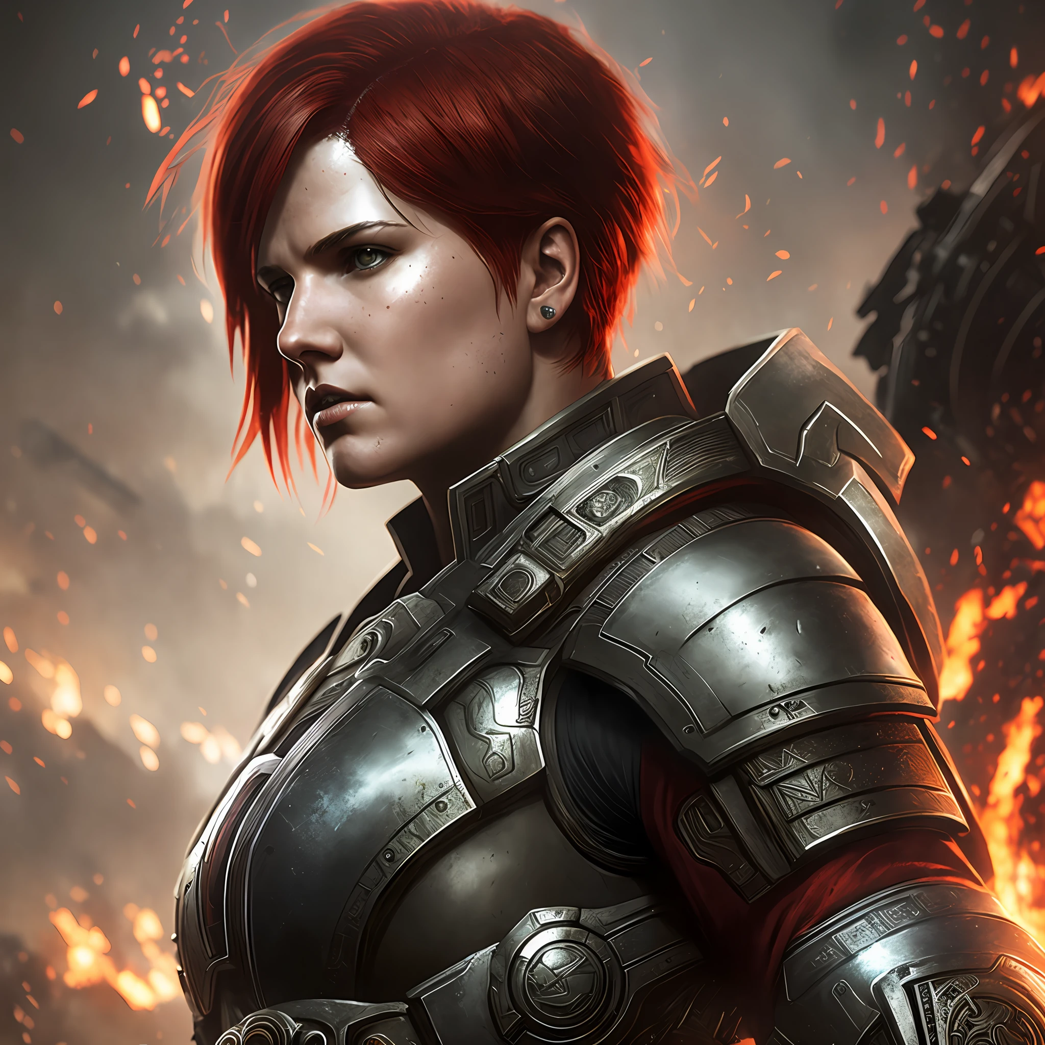 Woman short red hair uniform armor of gears of war, 8k, background a war, 8k, uhd, severe low lighting, high quality, sharp focus greg rutkowski --auto --s2