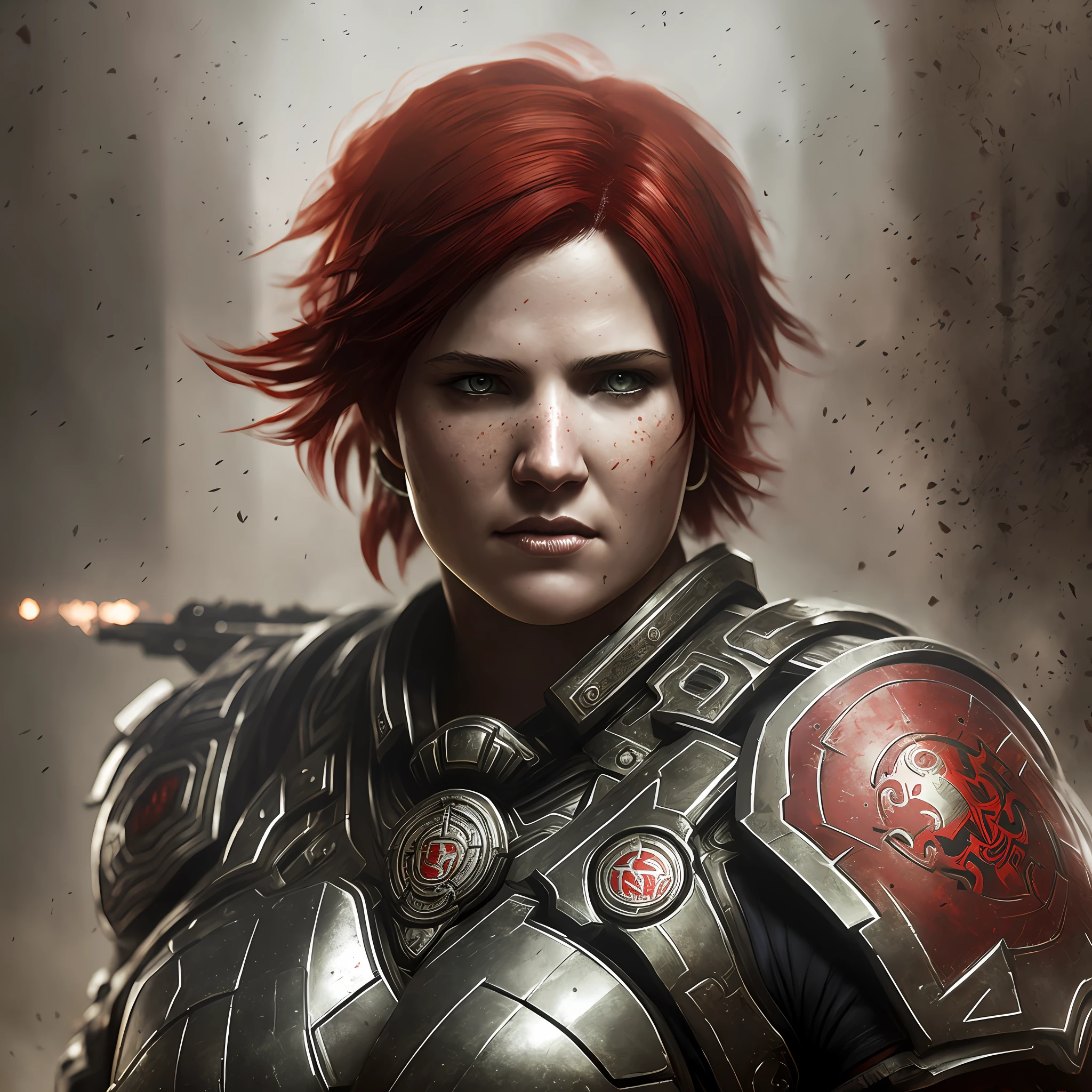 Woman short red hair uniform armor of gears of war, 8k, background a war, 8k, uhd, severe low lighting, high quality, sharp focus greg rutkowski --auto --s2