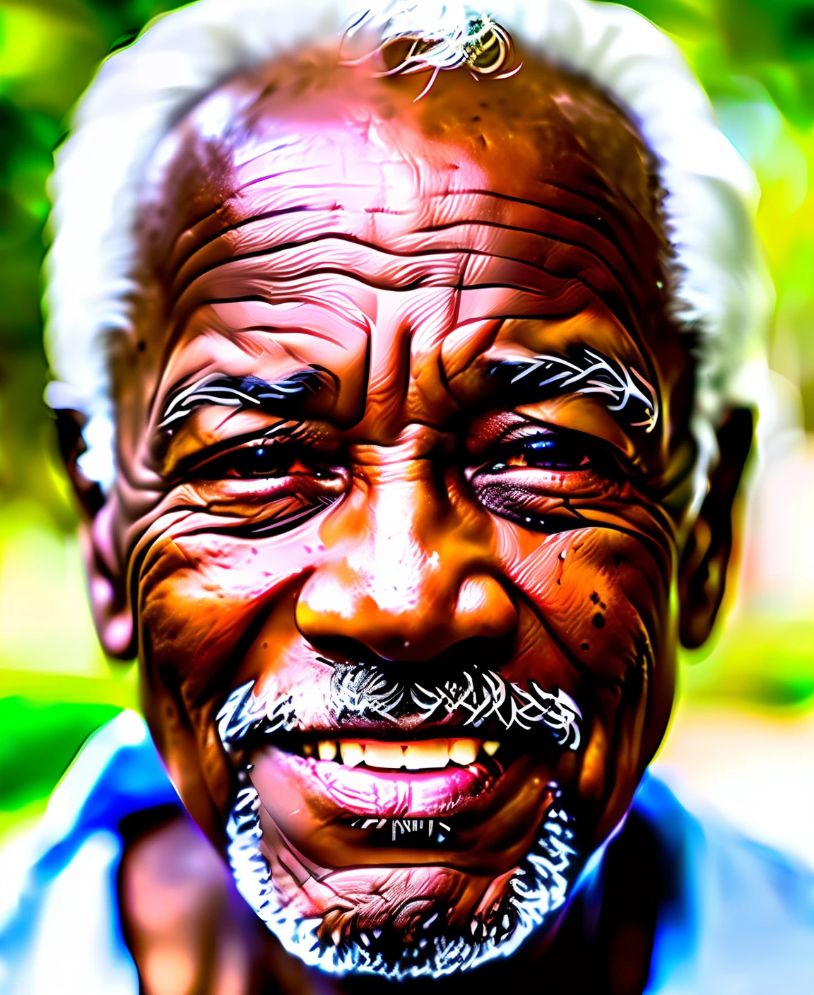90-year-old black old man, [[[[closeup]]]], [[[[neck]]], [[[[shoulders]]]], perfect eyes, perfect iris, perfect lips, perfect teeth, perfect skin, soft front light, brightness, HDR, (soft colors: 1.2)