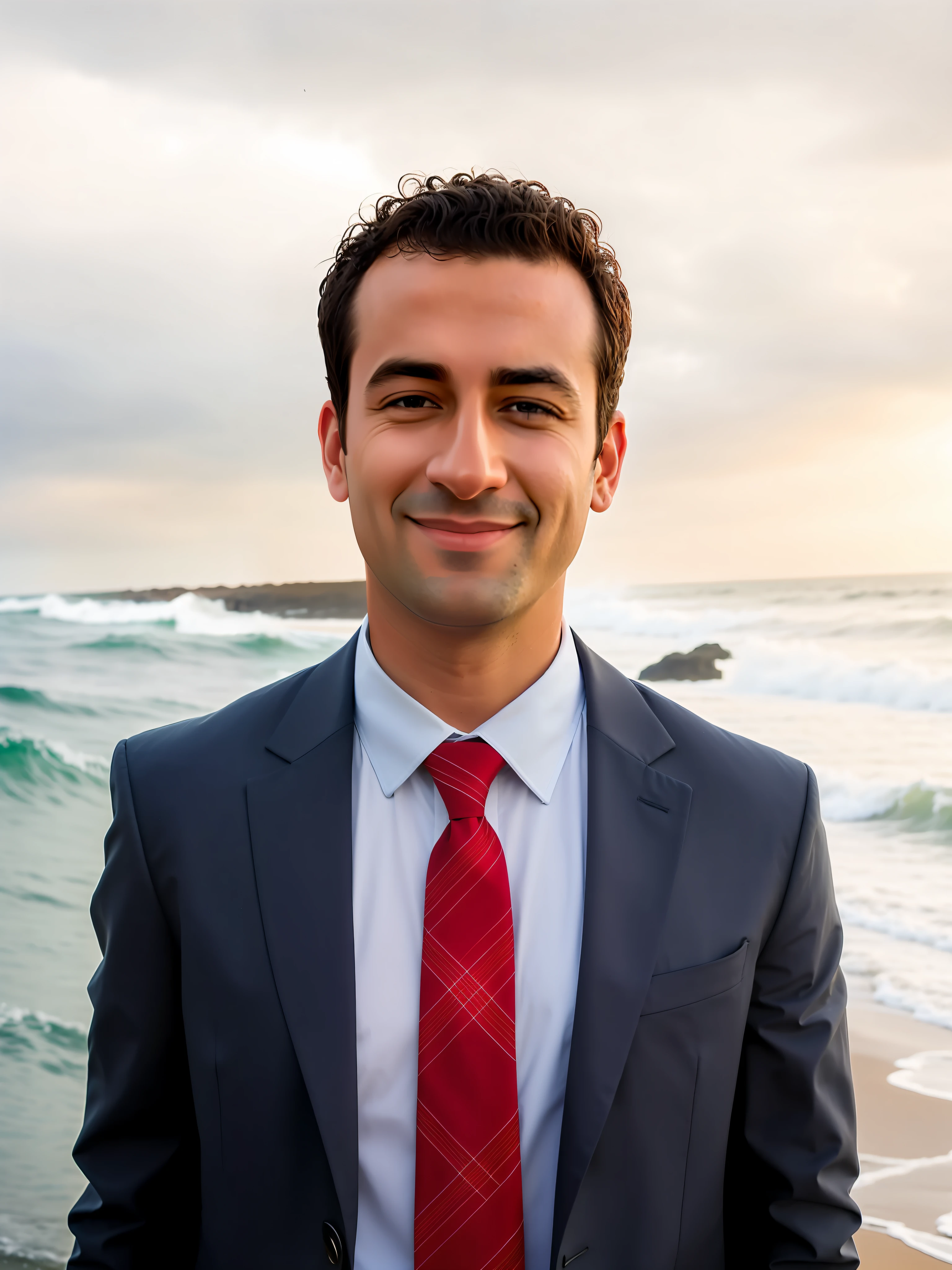 arafed man standing on the beach with his hands in his pockets, , handsome  the sea and storms behind him, profile shot, fan art. Middle smile. straight hair straight hair