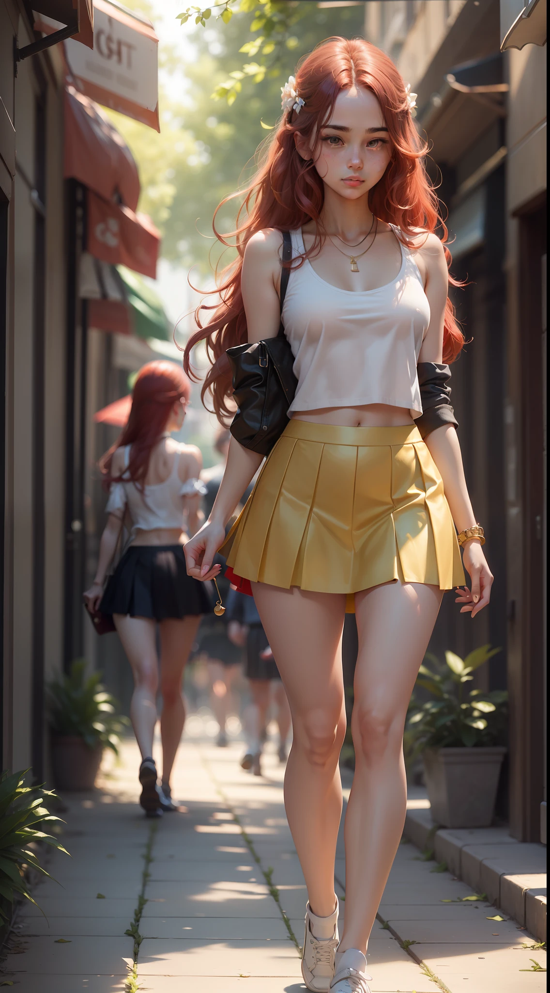 two girls ((small breasts, beautiful, cute, sensual)), (perfect body: 1.1), (long wavy hair: 1.2), red hair ((messy)), full body photo, (white tank top, tight, short), gold necklace ((high school skirt (red chess))), bustling square, (walking hand in hand, looking at each other), (extremely detailed CG 8k wallpaper), (an extremely delicate and beautiful masterpiece), (best quality:  1.0) , (high resolution: 1.0), beautiful lighting, perfect lighting, realistic shadows, [highres], detailed skin, ultra-detailed, full body