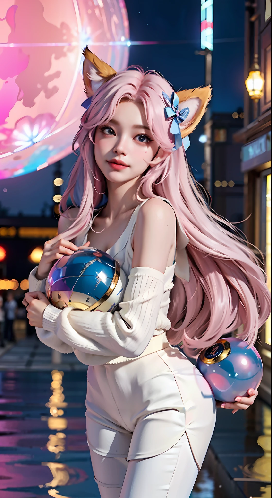 Fox Human, Furry Ears, Ultra Clear, Detail Portrayal, Detail Legs, Greasy Skin, Cinematic Texture, Best Quality, Best Light, White Sweater, White Skinny Yoga Pants, Detail Face, Collarbone, Long Long Legs, Long Hair of Random Color, Random Color Eyes, Light Pollution, 8K, 3D, Hair Accessory Bow, Big, Smile, Expression, Action, Sailor, Hand Refinement, 8K HD, Star Guardian, Greasy Skin, Best Angle, Ultra HD Quality, Role Play, Unreal Engine, Best Gloss, Best quality, masterpiece, highest quality, ((blue transparent ball in hand,)))