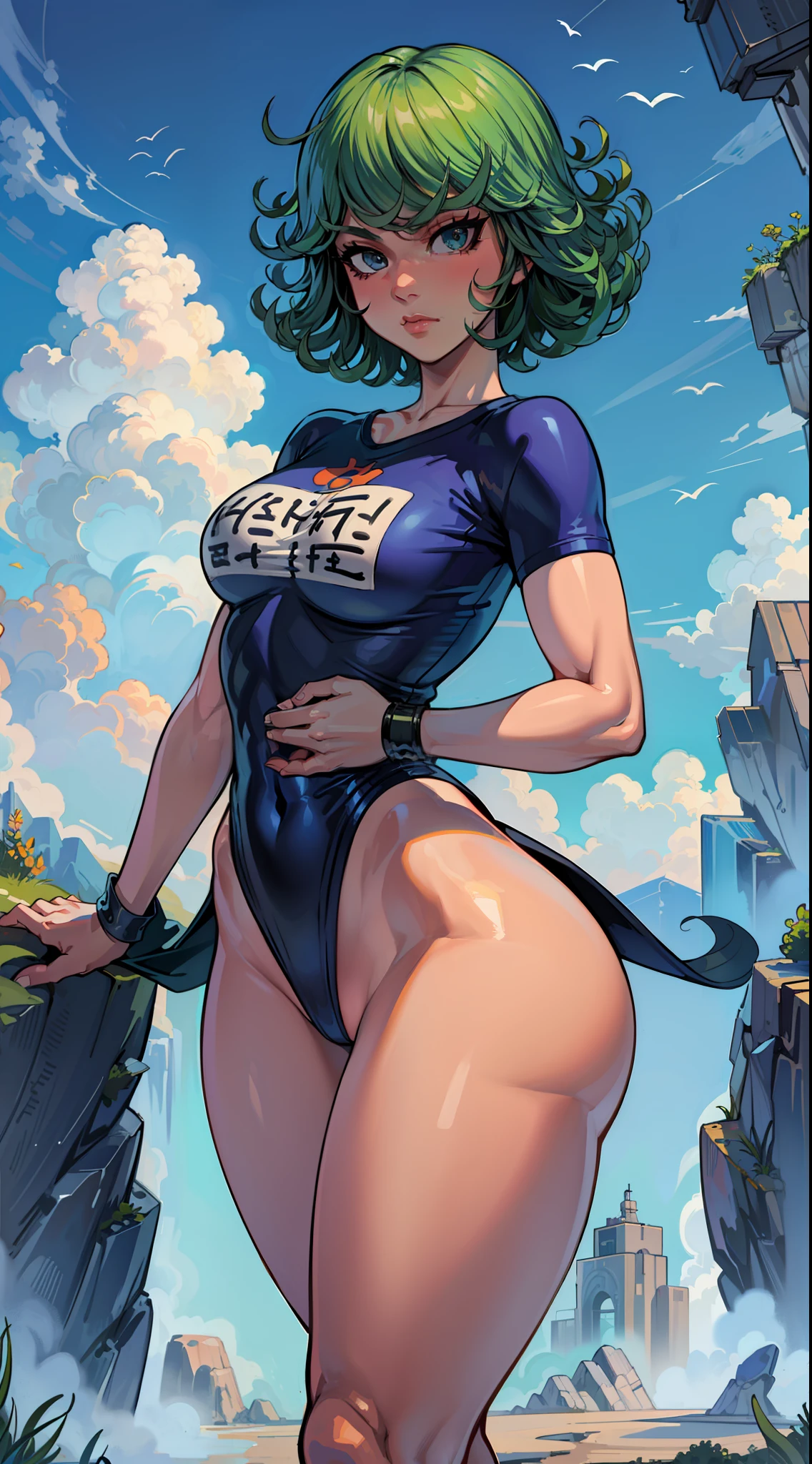 (masterpiece, best quality:1.2), cowboy shot, solo, 1girl, tatsumaki, lustful, closed mouth, looking at the viewer, ass, wide hips, t-shirt, short shorts, blue sky, clouds, erotica, groin notch