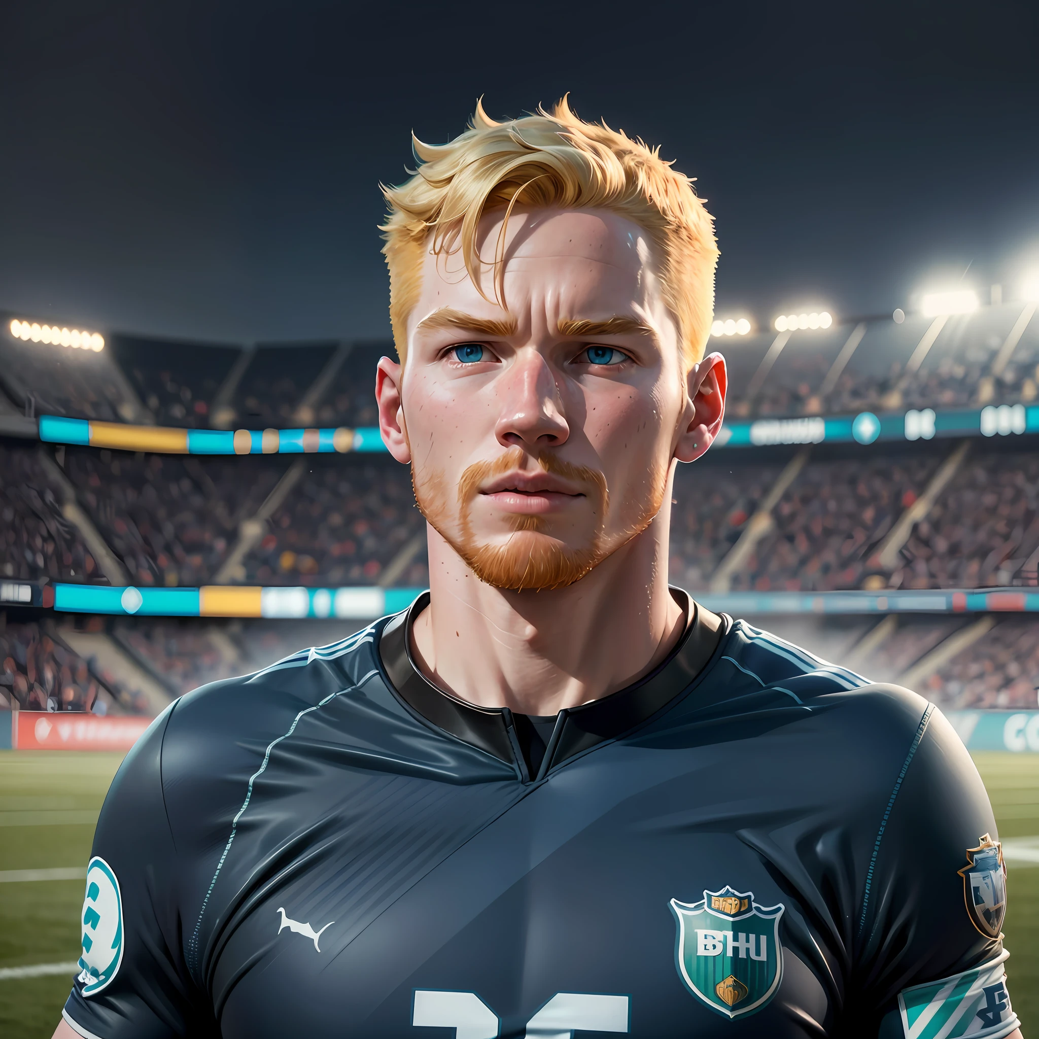 De bruyne, , scenery: football stadium, 8k, high definition, detailed face, detailed face, detailed eyes, hyper-realistic, + cinematic plan + dynamic composition, incredibly detailed, sharpness, details + superb details + night with light + perfectionism + award-winning realism ((ambient lighting)) --auto --s2