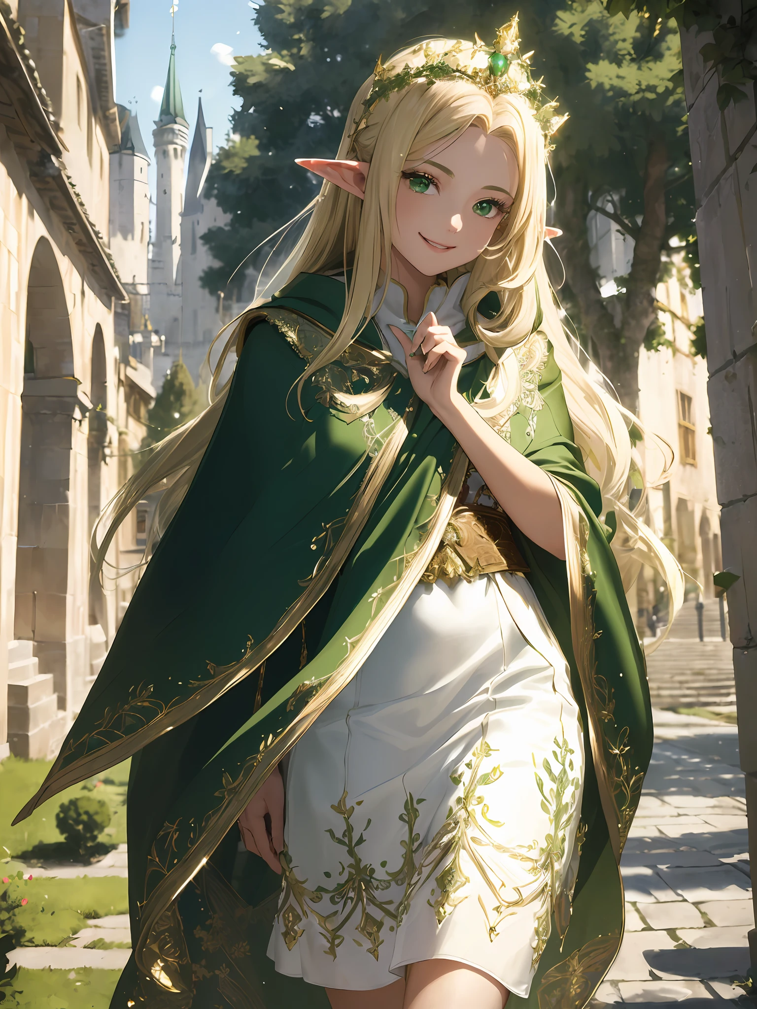 (((Masterpiece, highest quality, high definition, high detail)))), ((((Fantasy)))), one, (Elf Queen)))), (Long white skirt with gold embroidery), (Blonde long straight hair), (Glossy dark green eyes), (Green dress embroidered with gold), Big, (Looking down from the castle's tallest tower)), (Street view of the walled city)), (Large gates of the castle)), (( The vast ramparts surrounding the walled city)), (((Richly decorated green cloak)), tilting the head, smiling, (breeze), particles of light flying