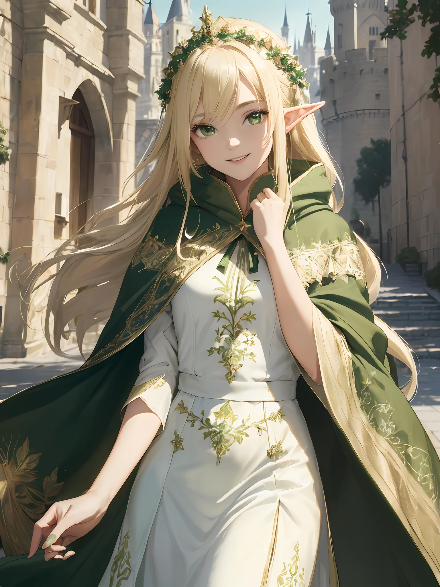 (((Masterpiece, highest quality, high definition, high detail)))), ((((Fantasy)))), one, (Elf Queen)))), (Long white skirt with gold embroidery), (Blonde long straight hair), (Glossy dark green eyes), (Green dress embroidered with gold), Big, (Looking down from the castle's tallest tower)), (Street view of the walled city)), (Large gates of the castle)), (( The vast ramparts surrounding the walled city)), (((Richly decorated green cloak)), tilting the head, smiling, (breeze), particles of light flying