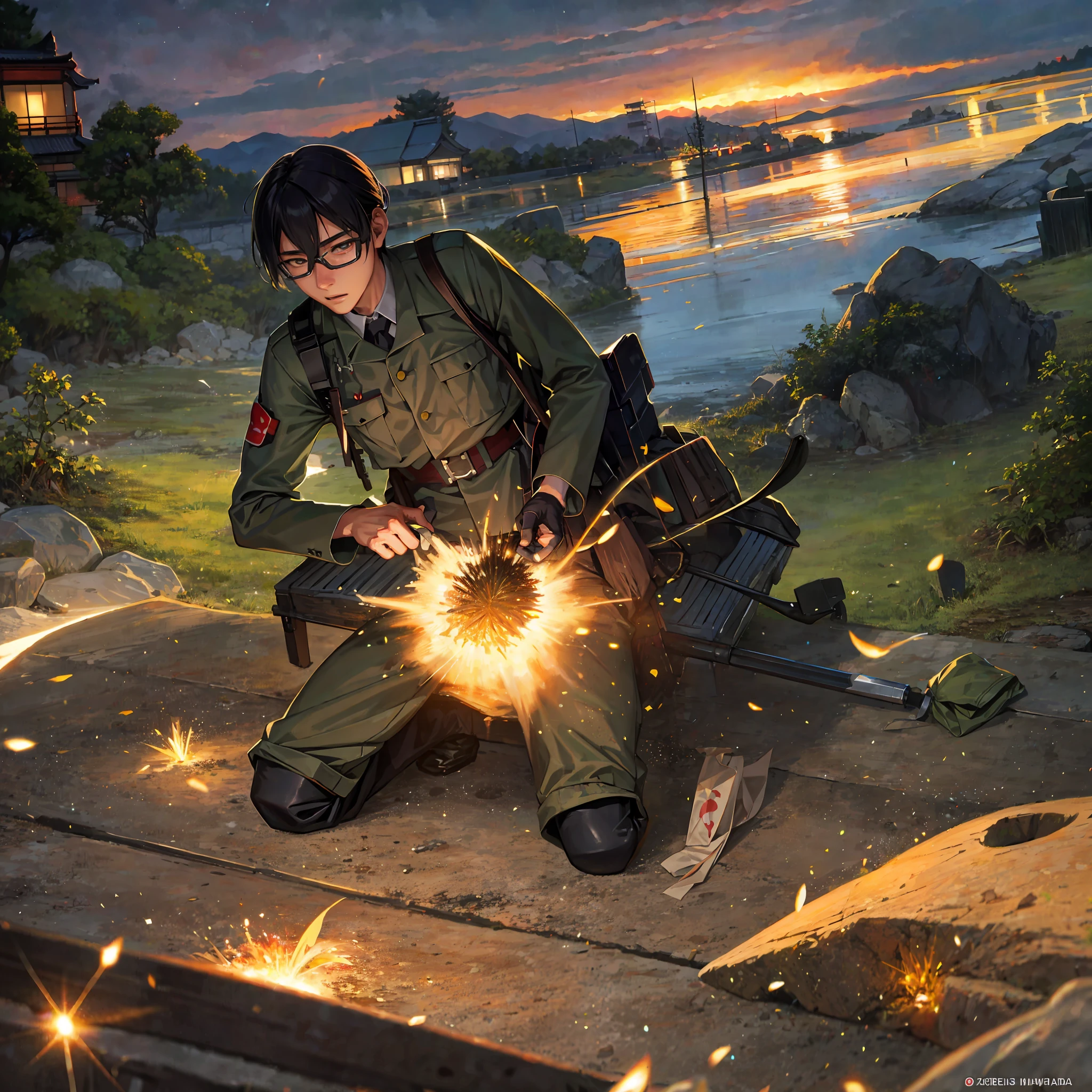 (Japanese soldier:1.2, realistic:1.2), ultra-realistic details, photographic, night glasses, strength